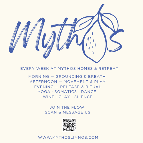 Mythos Homes & Retreat weekly movement and ritual schedule poster