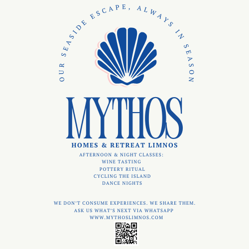 Mythos Homes Limnos Retreat round logo seal with M monogram