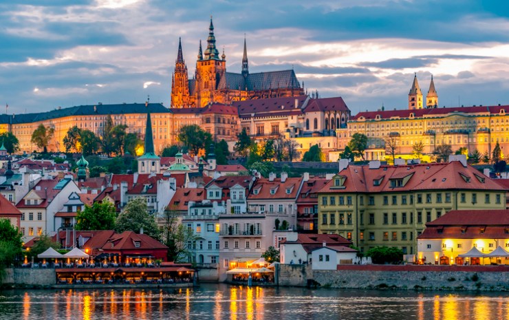 Prague Castle with St. Vitus Cathedral over Lesser town (Mala Strana), Czech Republic.