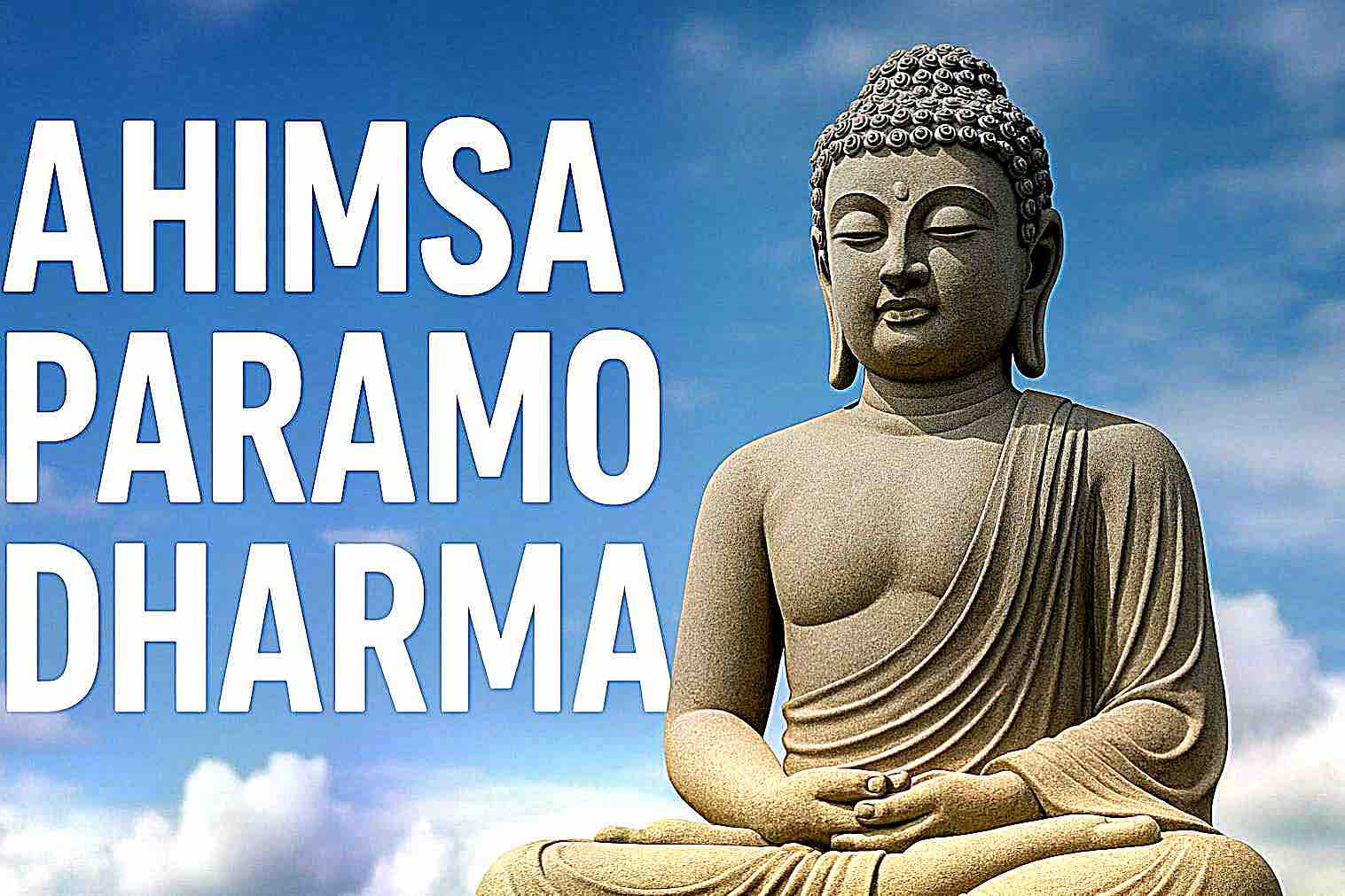 Buddha statue in meditation with text Ahimsa Paramo Dharma under blue sky