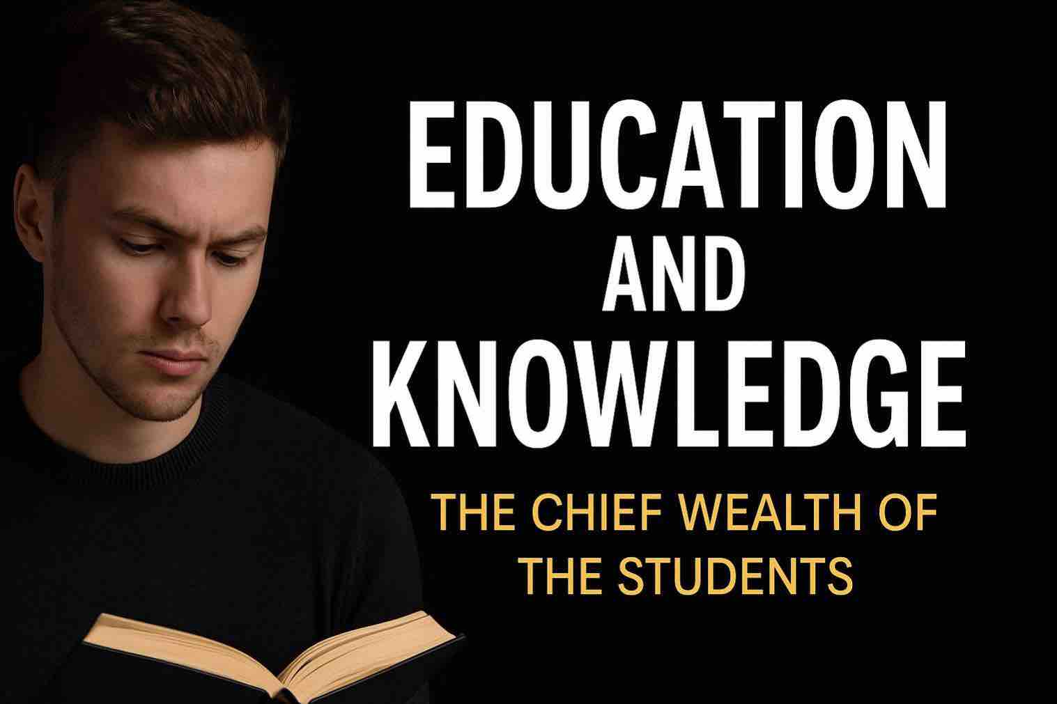 young man reading a book with education and knowledge title in bold
