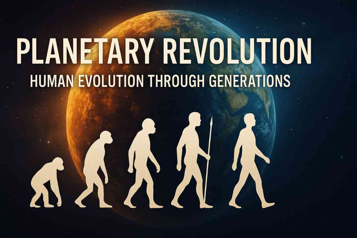 Planetary revolution illustrating human evolution through generations with silhouettes from ape to modern man against Earth and space.
