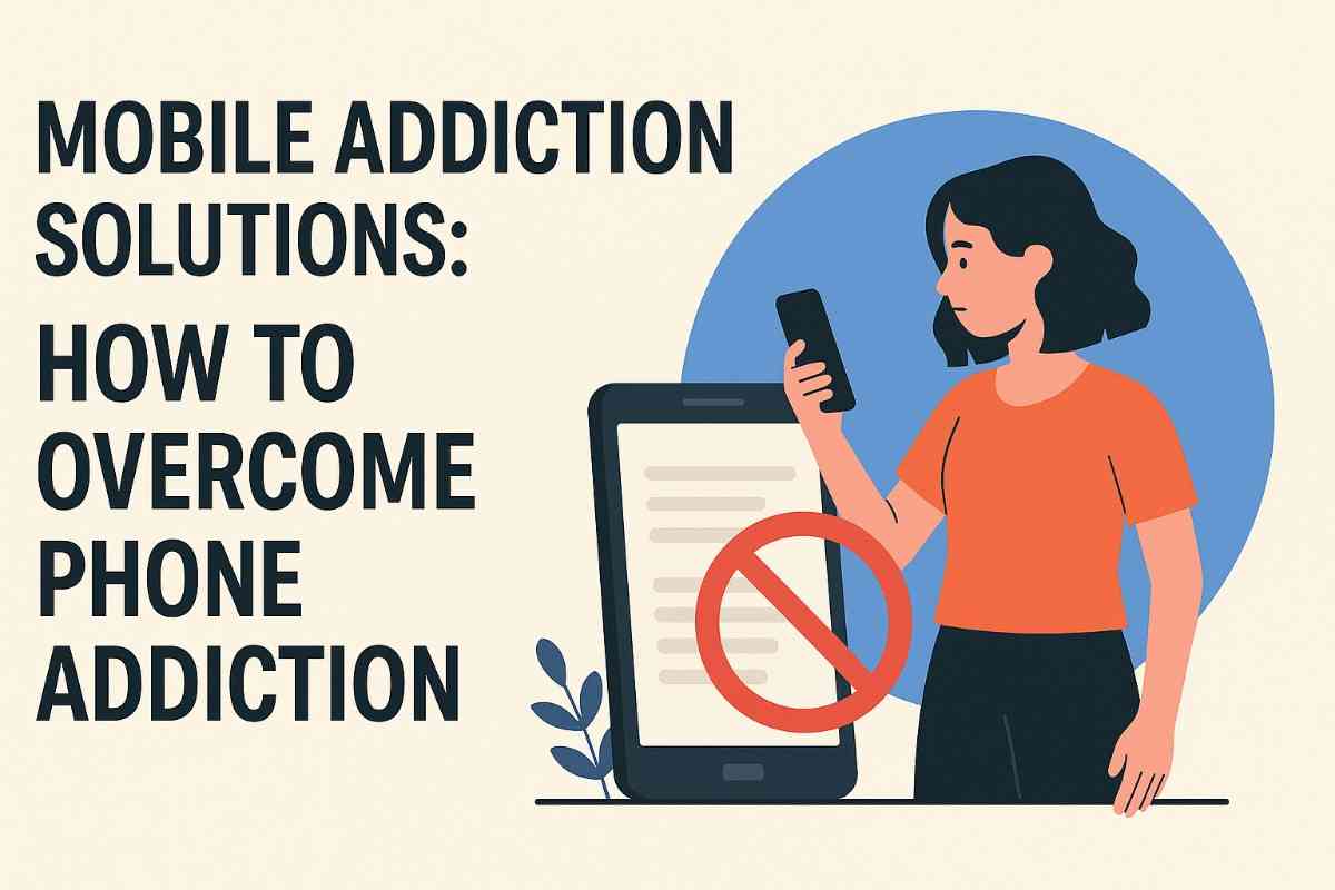 Illustration of a woman holding a phone with a prohibition sign, representing mobile addiction solutions.