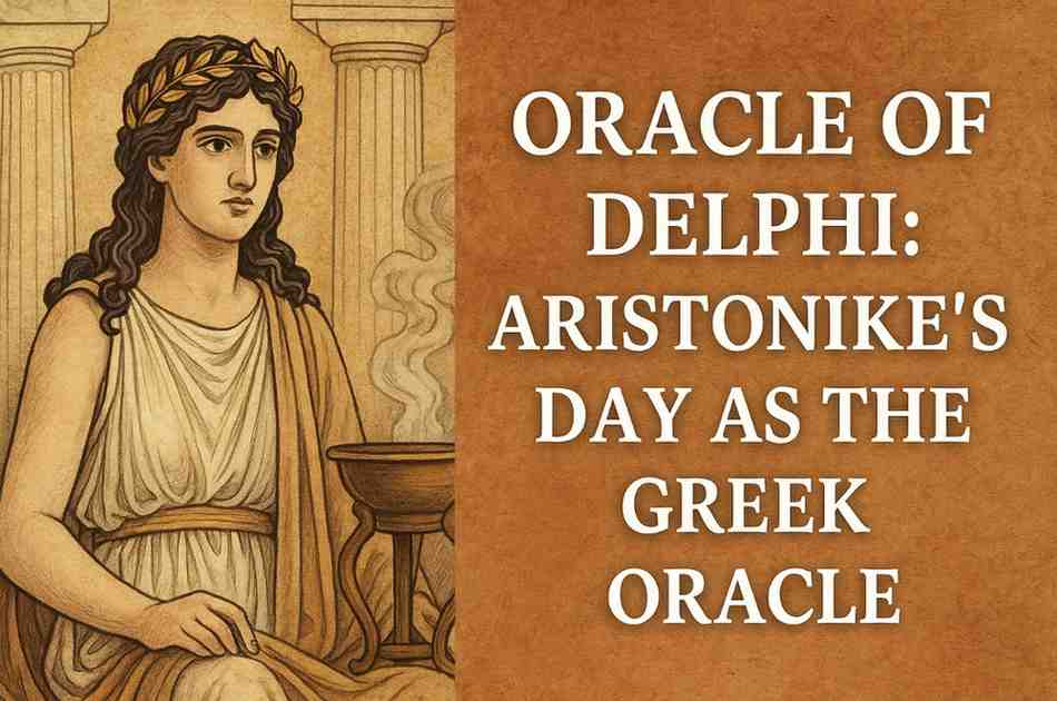 Oracle of Delphi priestess Aristonike illustration at Temple of Apollo