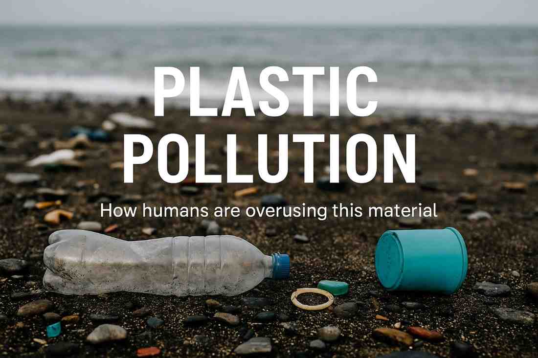 Plastic pollution on a beach with bottles and bags scattered on sand