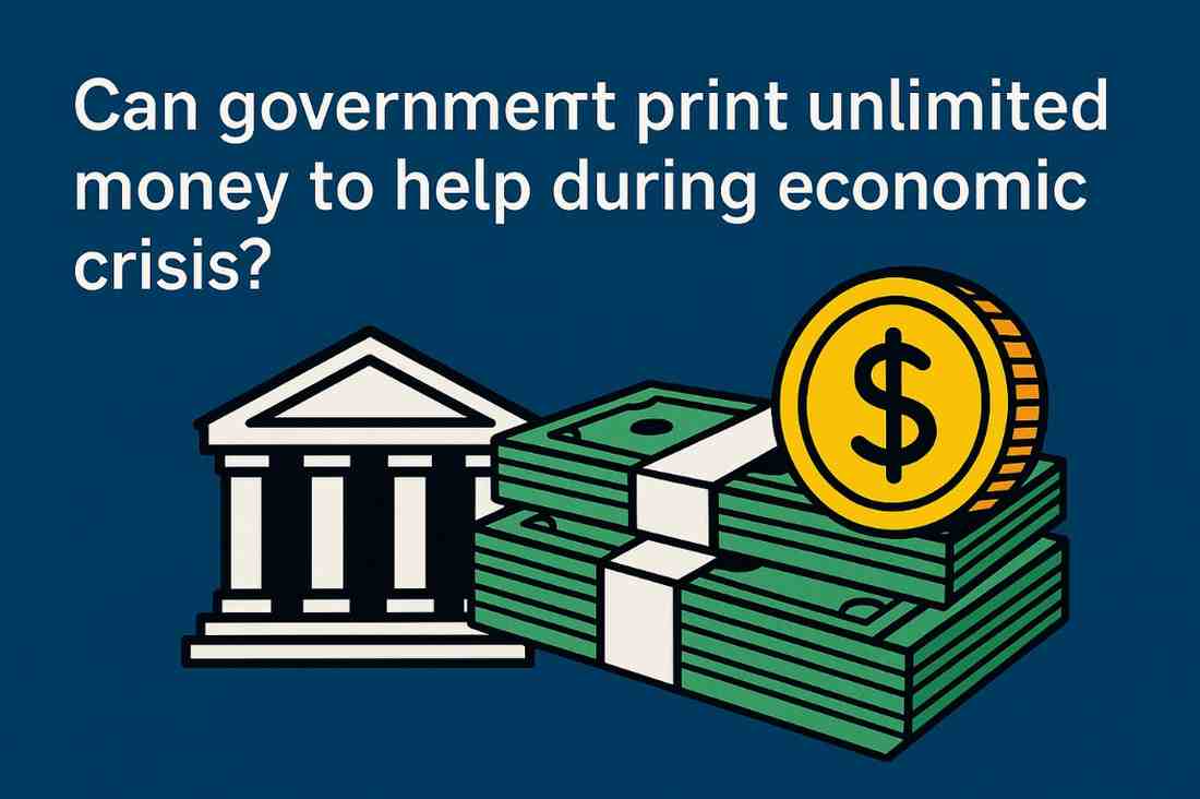 Can government print unlimited money during an economic crisis explained with a government building, cash stacks, and coin.