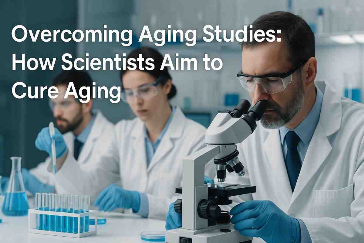Scientists conducting overcoming aging studies in a modern laboratory with advanced research equipment.