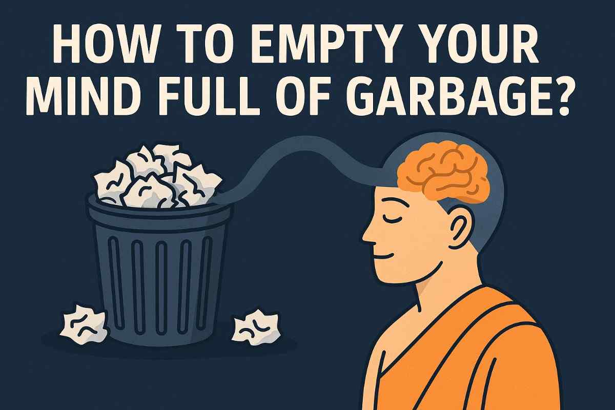 A monk illustration symbolizing how to empty your mind by letting go of mental garbage.