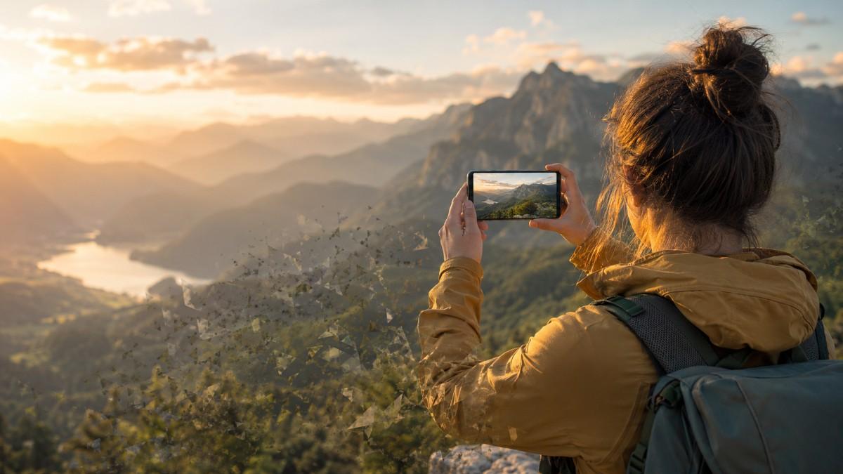 How photos affect memory when a traveller photographs a mountain view instead of experiencing the moment.