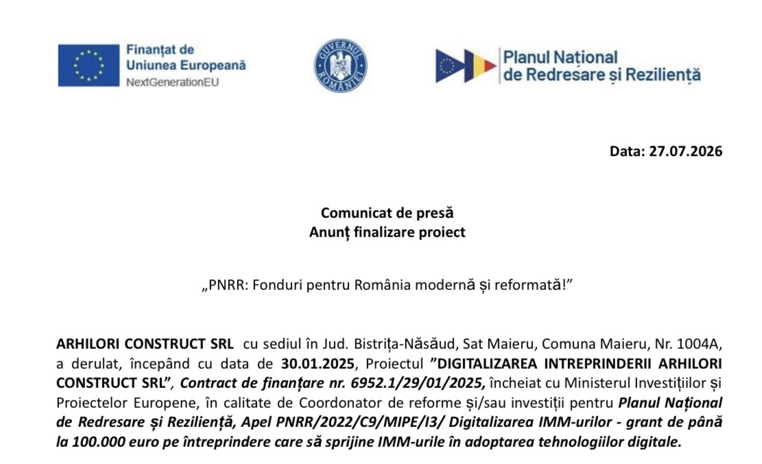 ARHILORI CONSTRUCT SRL finalizează un proiect de digitalizare finanțat prin PNRR