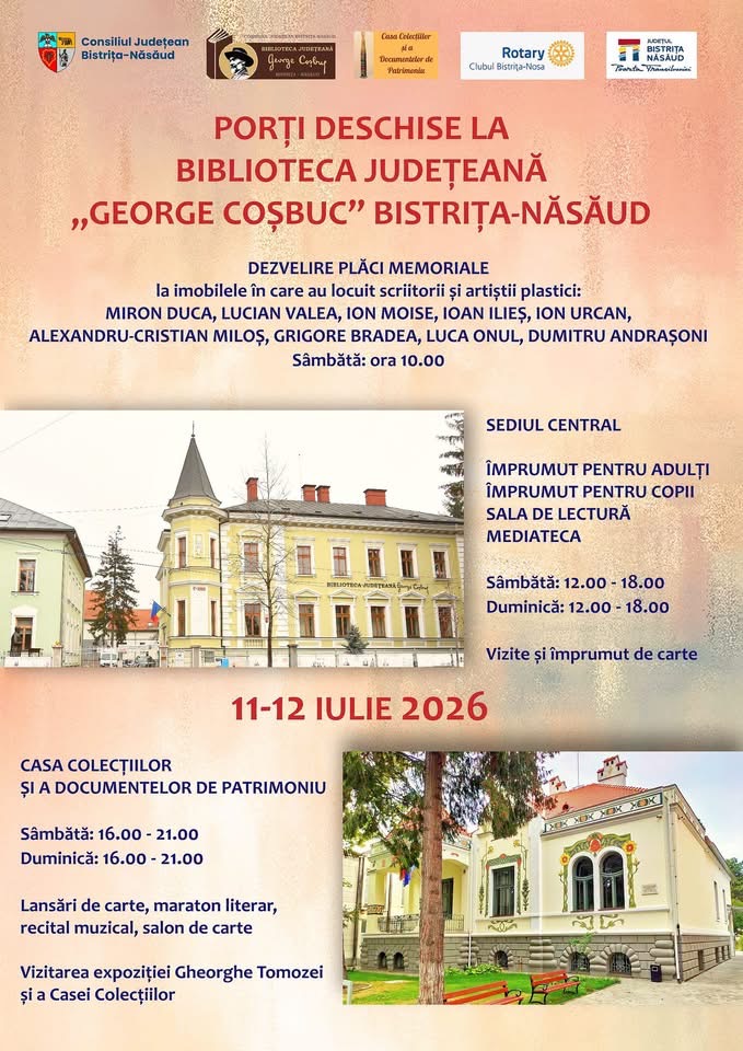Weekend dedicat cărții și culturii la Bistrița. Porți deschise la Biblioteca Județeană și două zile de evenimente la Casa Colecțiilor