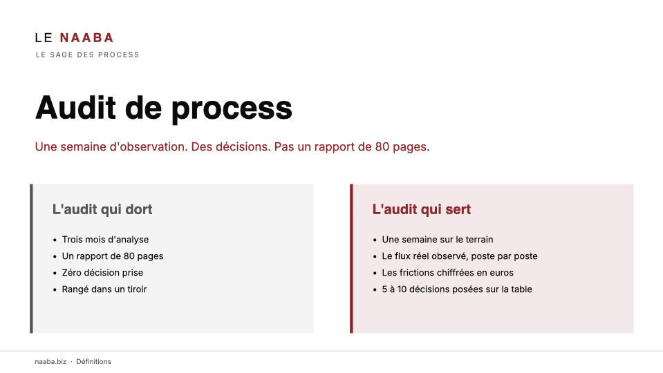 Illustration Le Naaba comparant un audit de process qui dort en rapport de 80 pages à un audit d'une semaine qui produit des décisions
