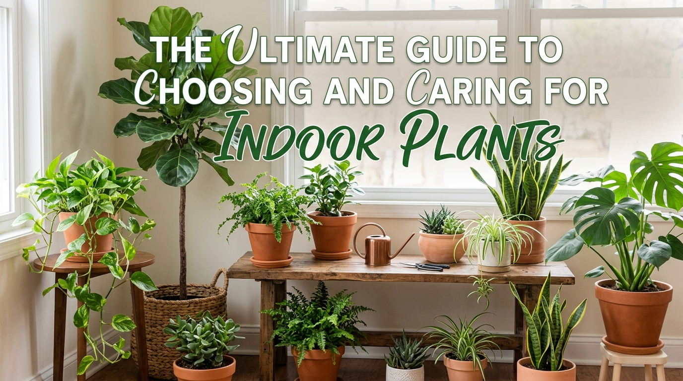 A collection of various indoor plants in terracotta pots on a wooden bench in front of a bright window, featuring the article title "The Ultimate Guide to Choosing and Caring for Indoor Plants.