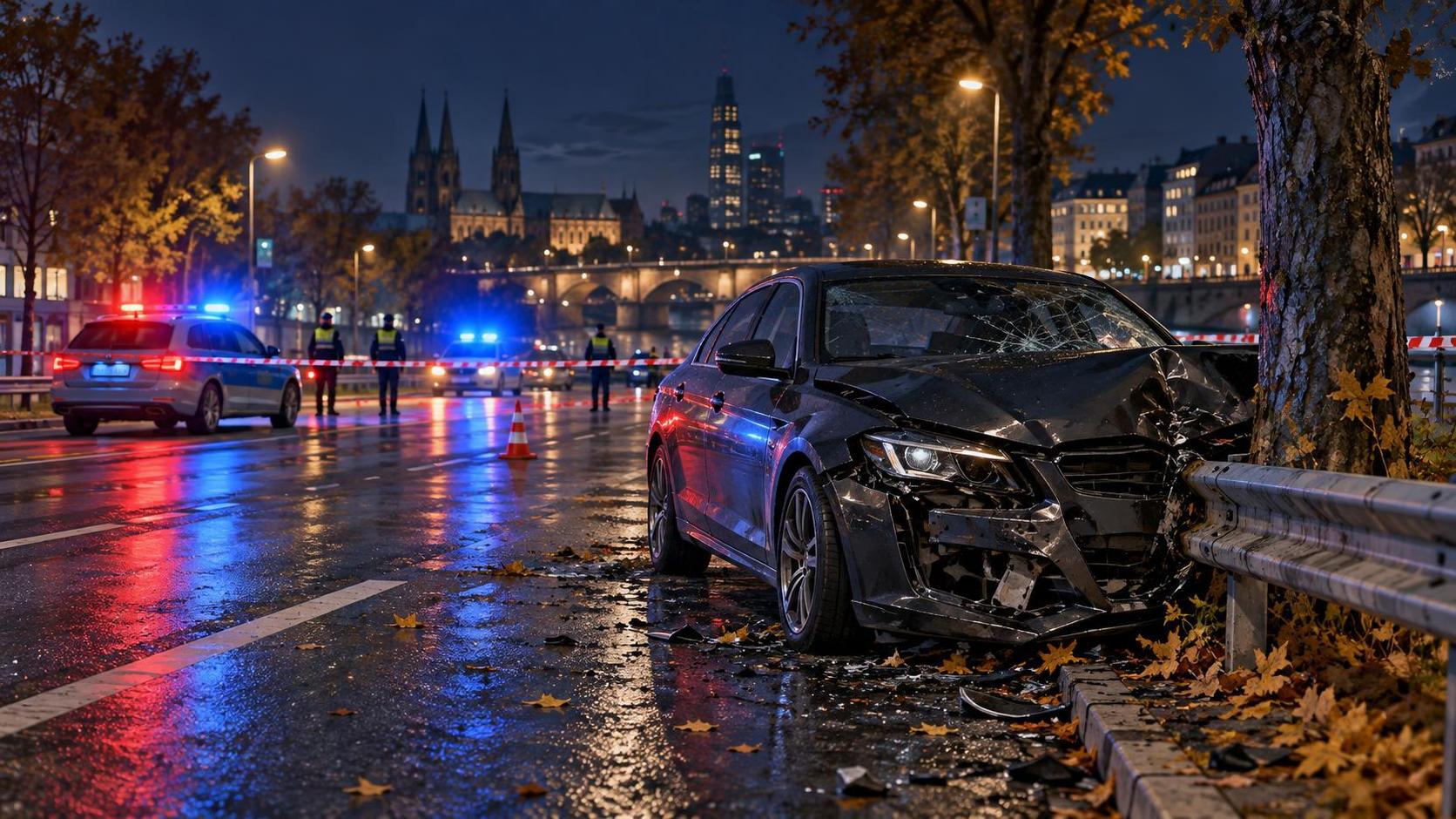 رسم تحريري محايد لحادث سيارة ليلي على طريق داخل مدينة ألمانية