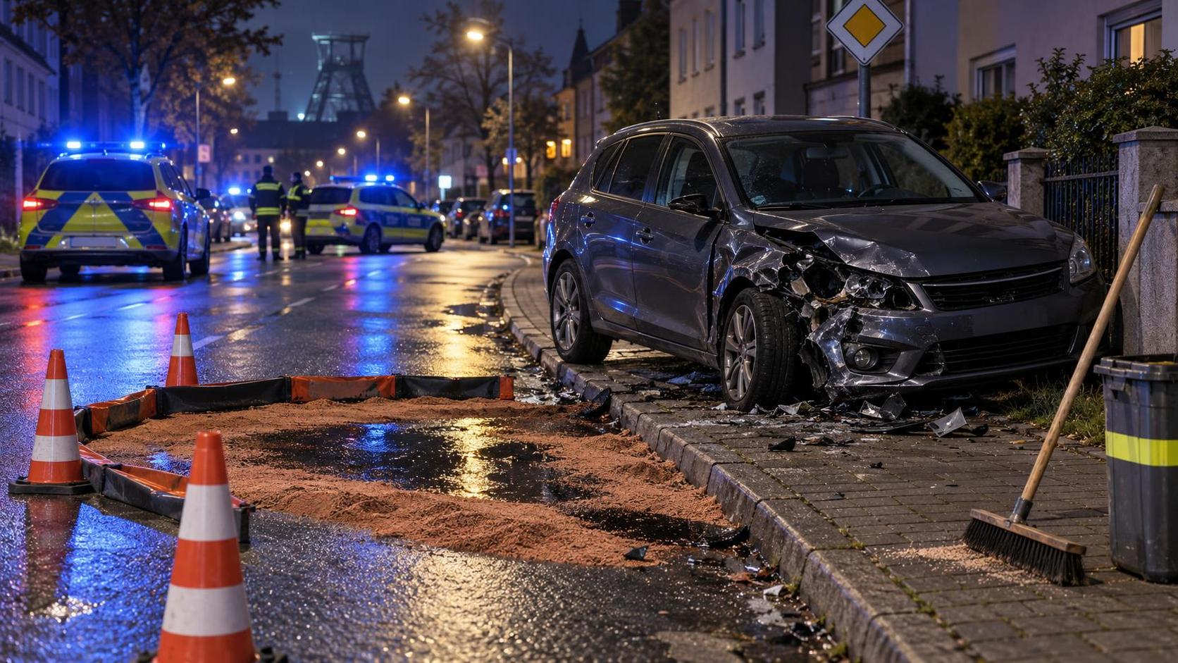 رسم تحريري محايد لحادث سيارة ليلي على شارع حضري في ألمانيا