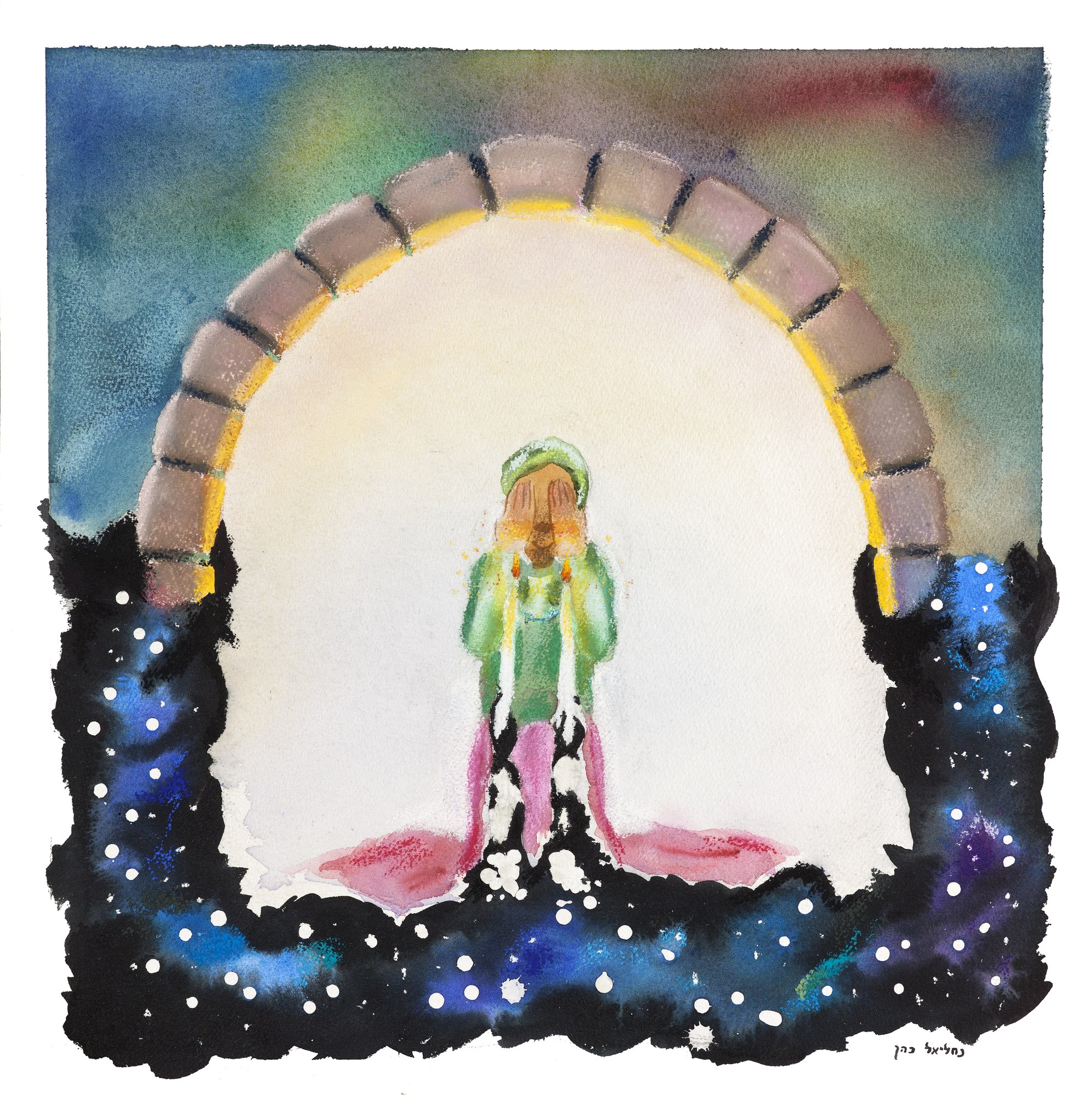 Frame for Hadlakat Nerot - candle lighting. A celestial candle lighting. Watercolor, pastel and wax on paper