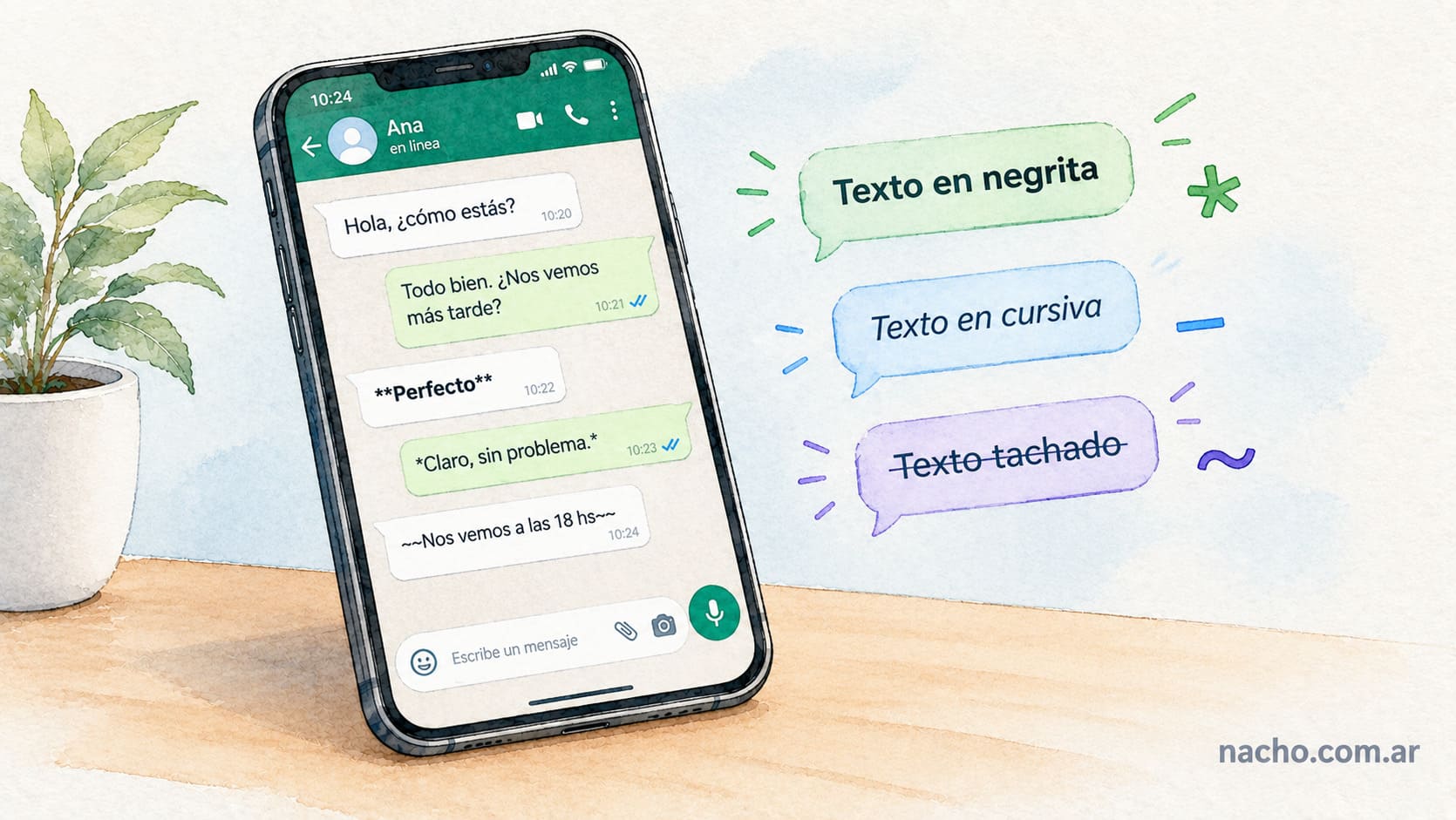 Smartphone con interfaz de chat mostrando texto en negrita, cursiva y tachado