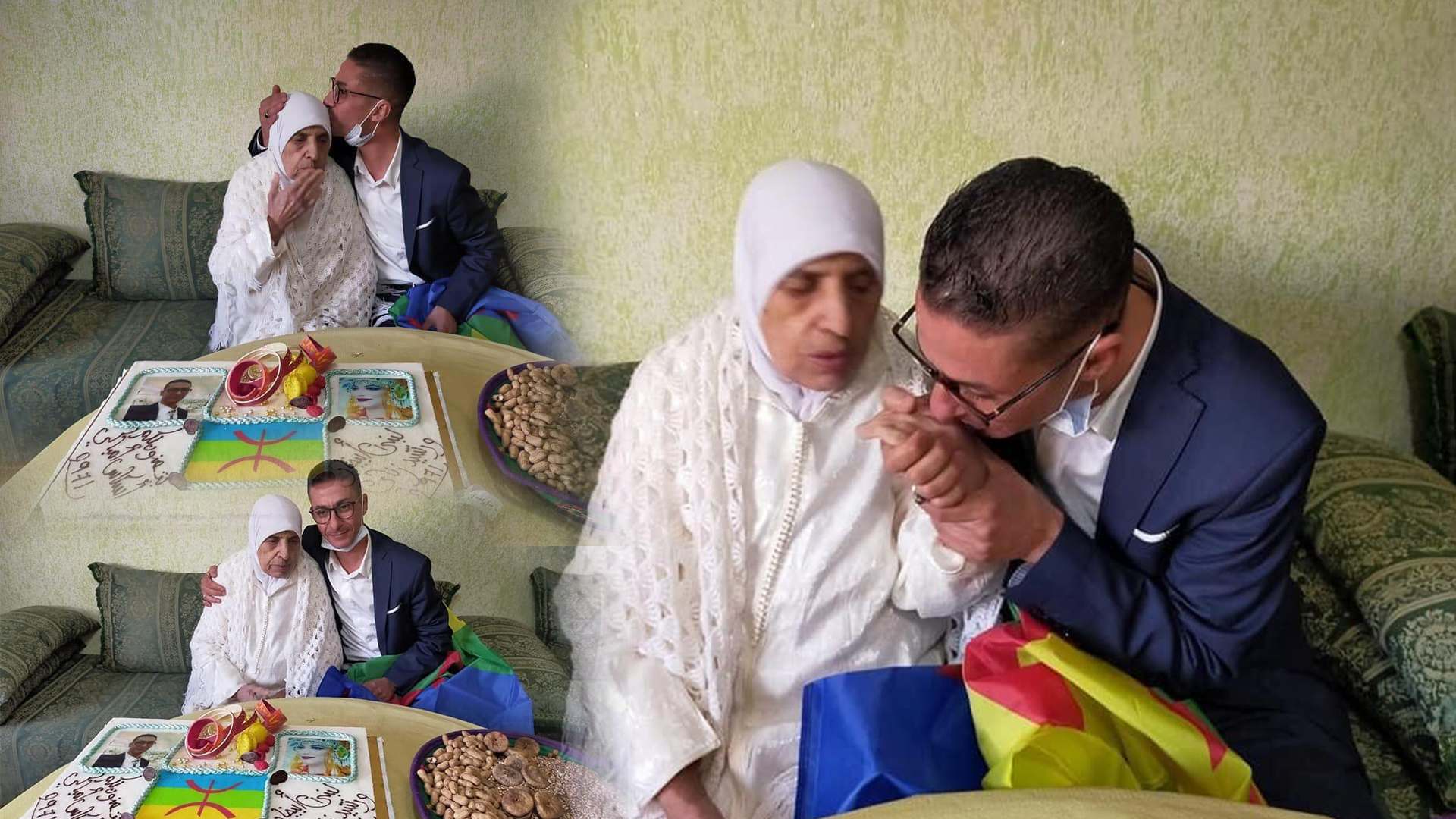 الممثلة لبنى أبيضار والناشط الأمازيغي رشيد زناي يكرمان الفنانة ميمونت نسروان في رأس السنة الأمازيغية