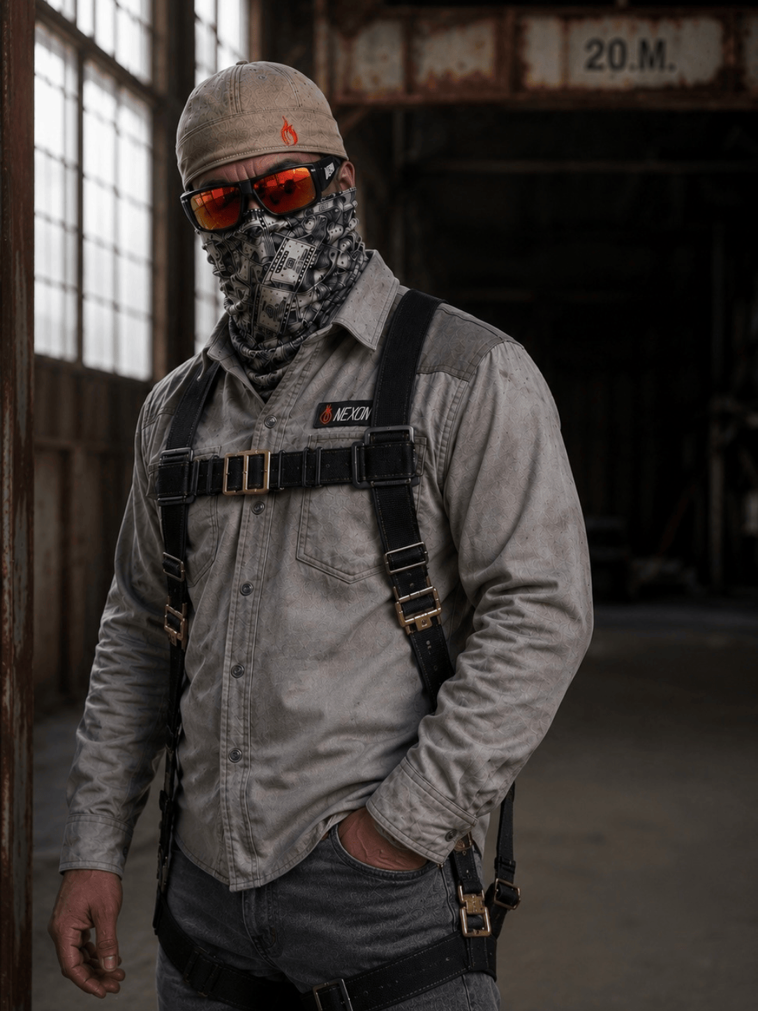 Industrial worker wearing Næxon FR workwear, safety sunglasses, face covering, and fall protection harness in an industrial facility.