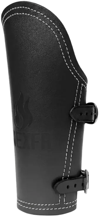 Black leather NEXON Bully forearm protector with reinforced stitching and two adjustable buckle straps.