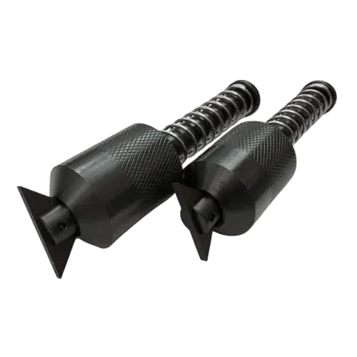 Pair of black adjustable two-hole flange pins with knurled grips and threaded shafts.
