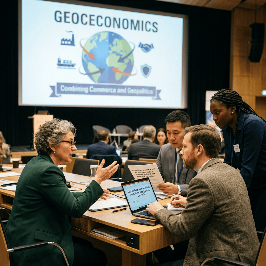 Conference participants discuss geoeconomics beneath a slide reading "GEOCECONOMICS" and "Combining Commerce and Geopolitics"