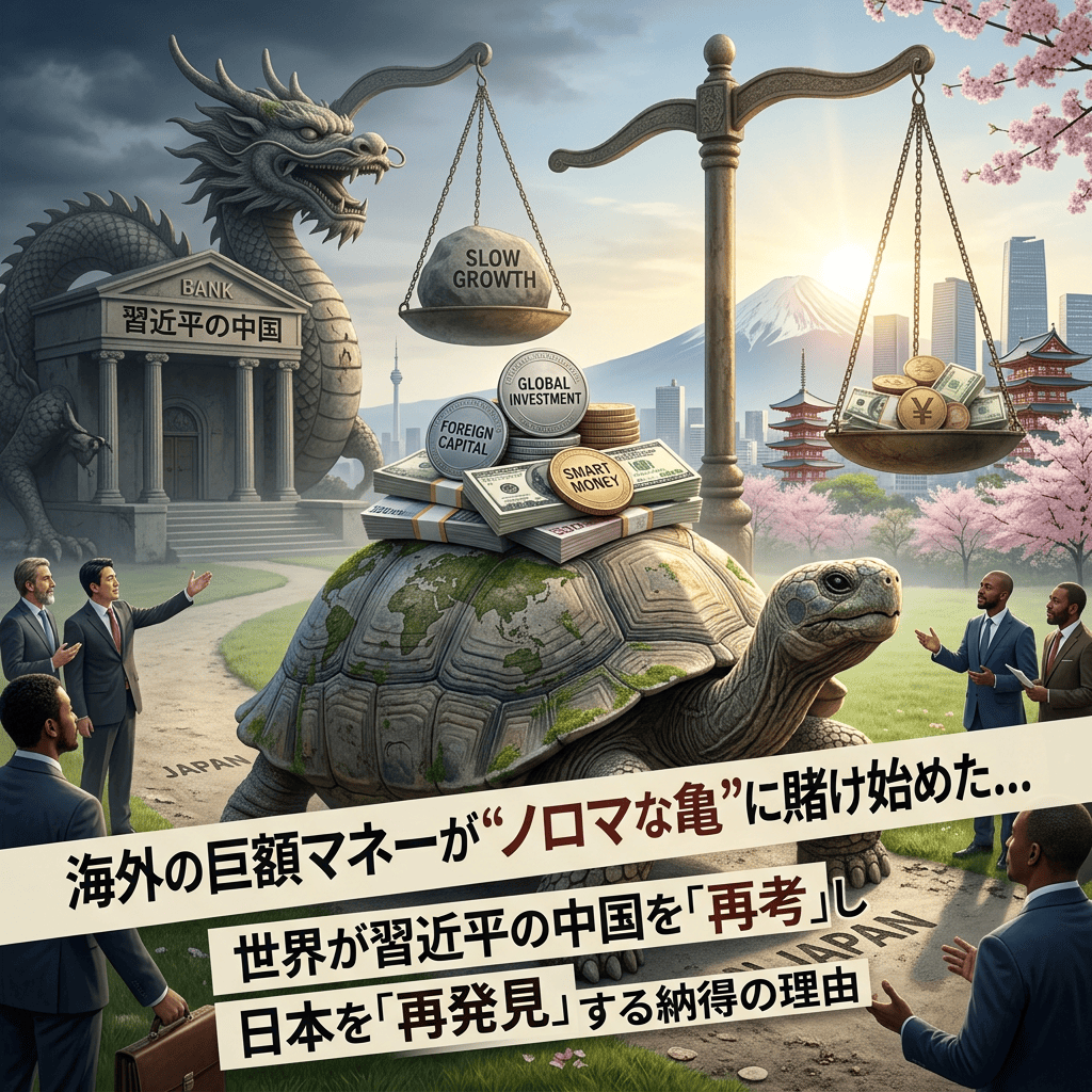 Illustration with dragon bank labeled BANK and 習近平の中国, scales marked SLOW GROWTH and GLOBAL INVESTMENT, money labeled FOREIGN CAPITAL and SMART MONEY, turtle, Japan, and Japanese headlines: 海外の巨額マネーが“ソロマな亀”に賭け始めた… 世界が習近平の中国を「再考」し 日本を「再発見」する納得の理由