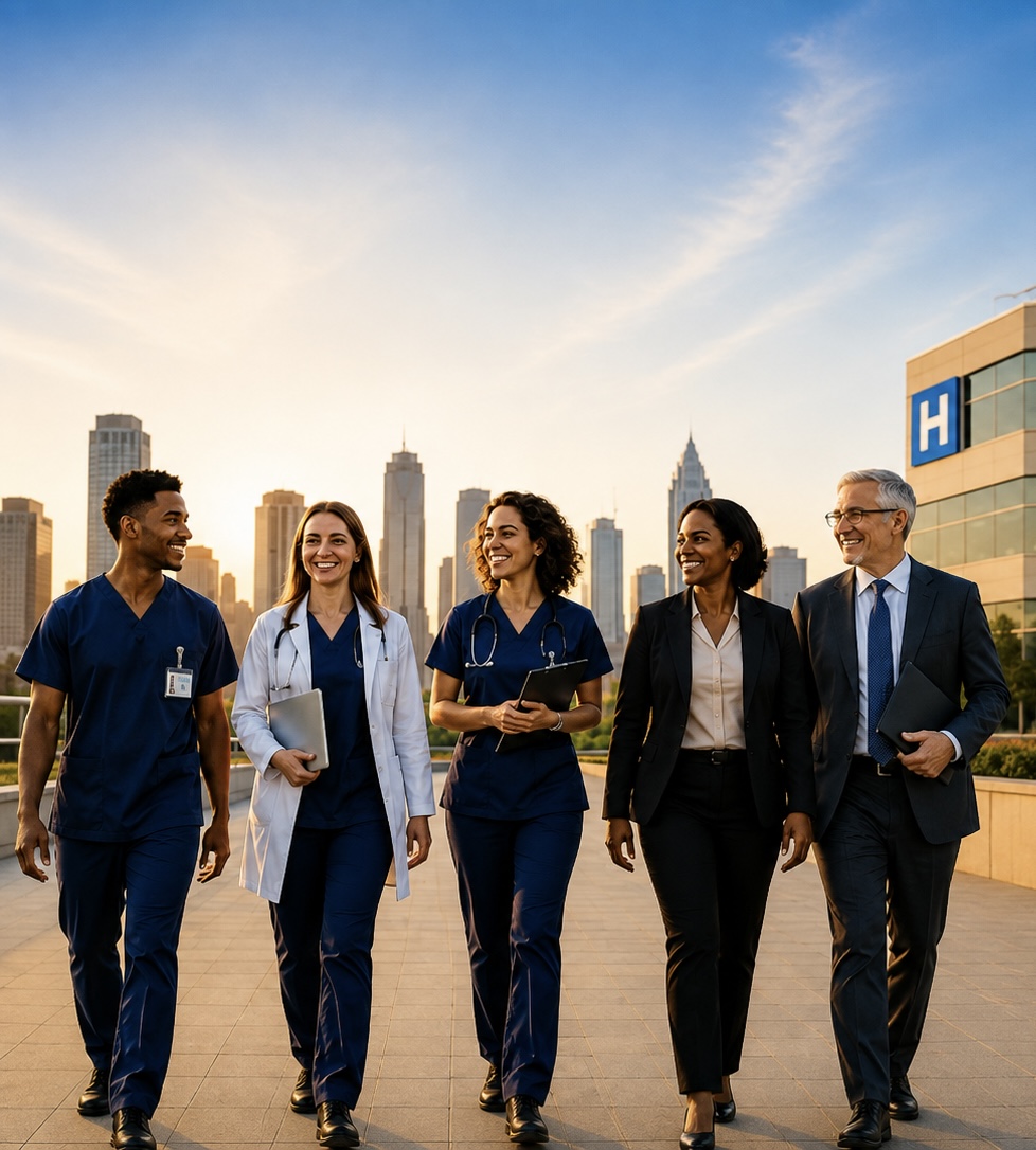 Five healthcare professionals walking together through a modern NAHCP facility