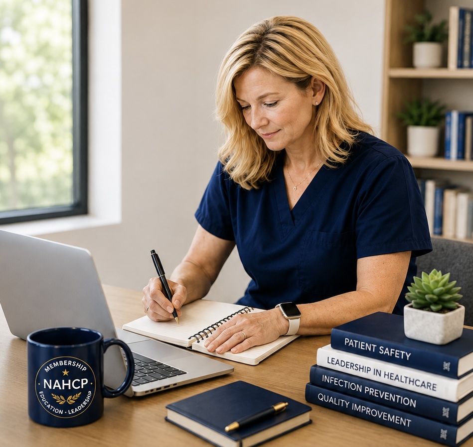 A healthcare professional engaged in online learning