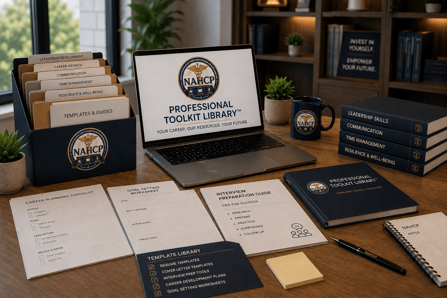 The NAHCP Resource Library, with guides and templates on a desk