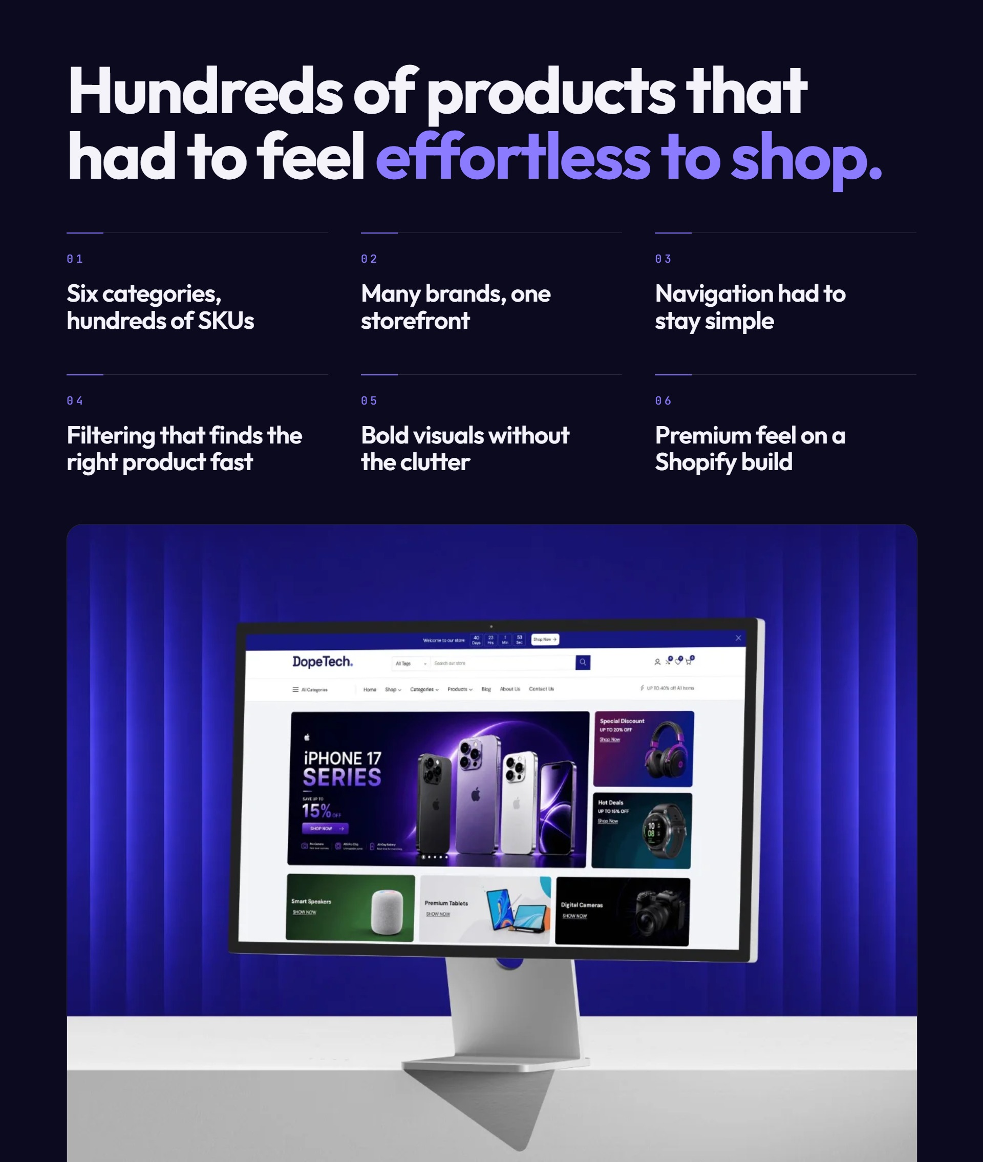 DopeTech graphic listing six catalog and navigation goals, above the store homepage on a desktop monitor