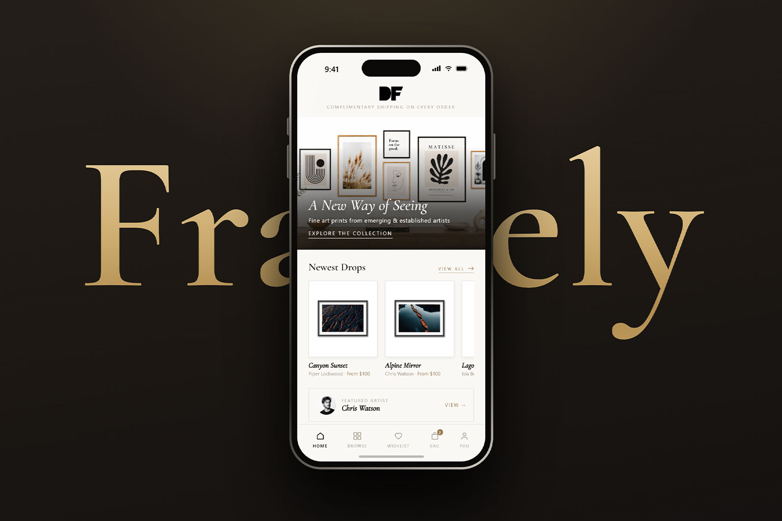 Framely app home screen on a phone set against a large gold Framely wordmark, with framed prints and Newest Drops