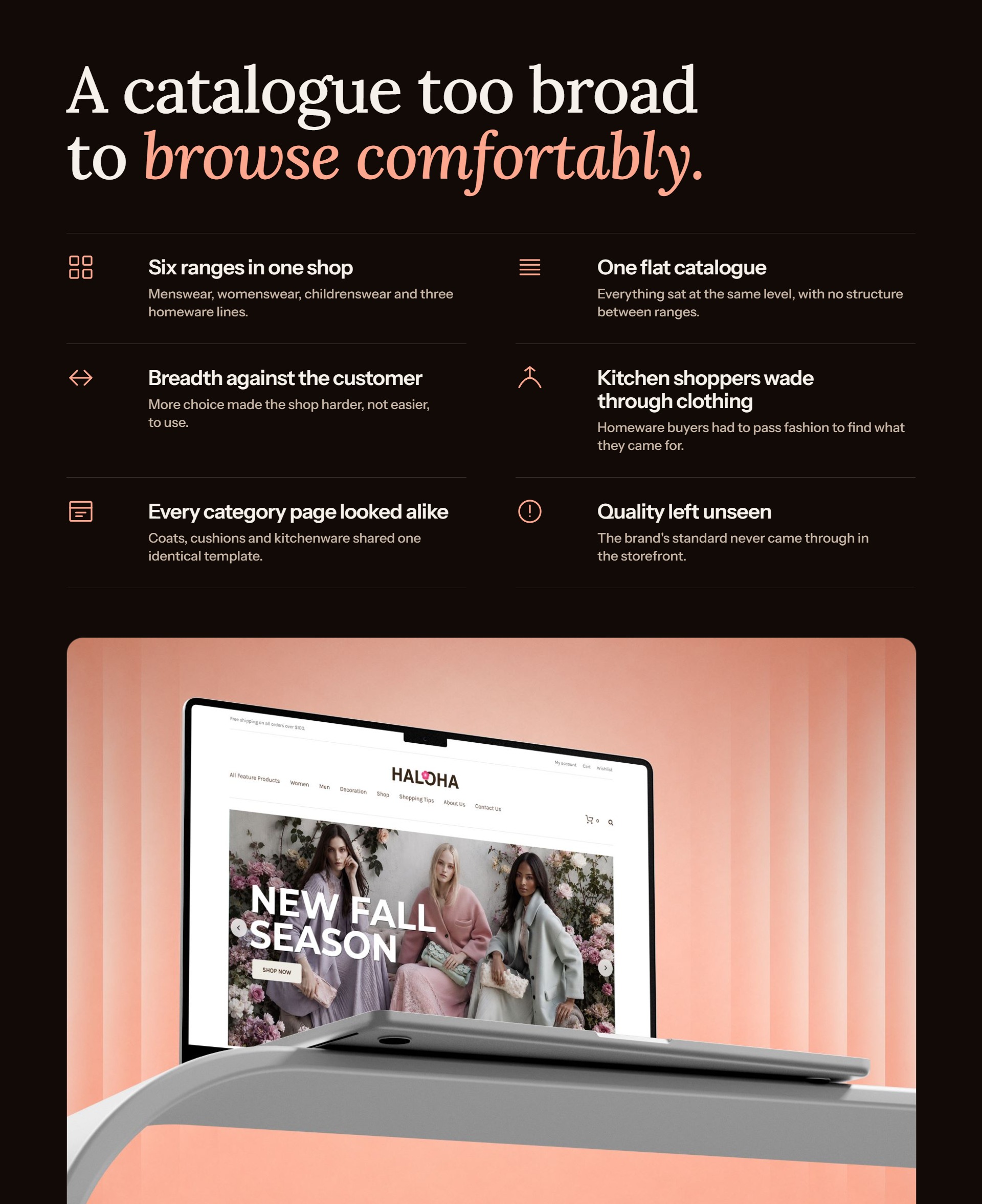 Haloha challenge graphic listing six catalogue problems, above the store homepage on a laptop against a peach backdrop