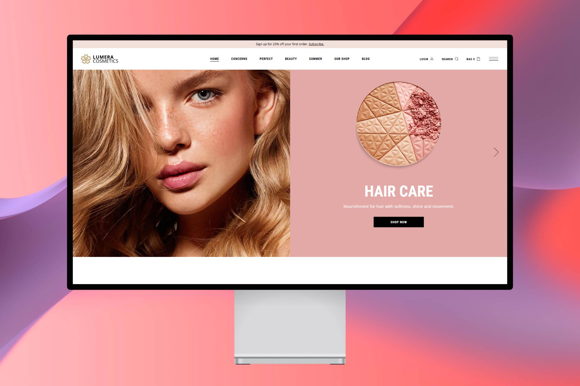 Luméra Cosmetics homepage on a desktop monitor, its hero pairing a model portrait with a pink Hair Care slide
