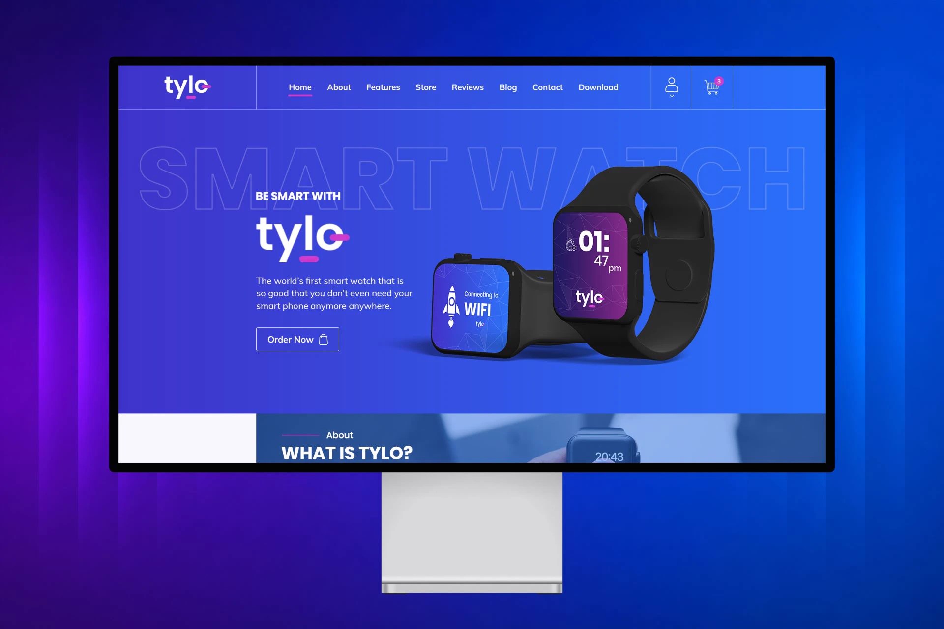 Tylo smartwatch store homepage on a desktop monitor, with a blue Smart Watch hero, Order Now button and two watches