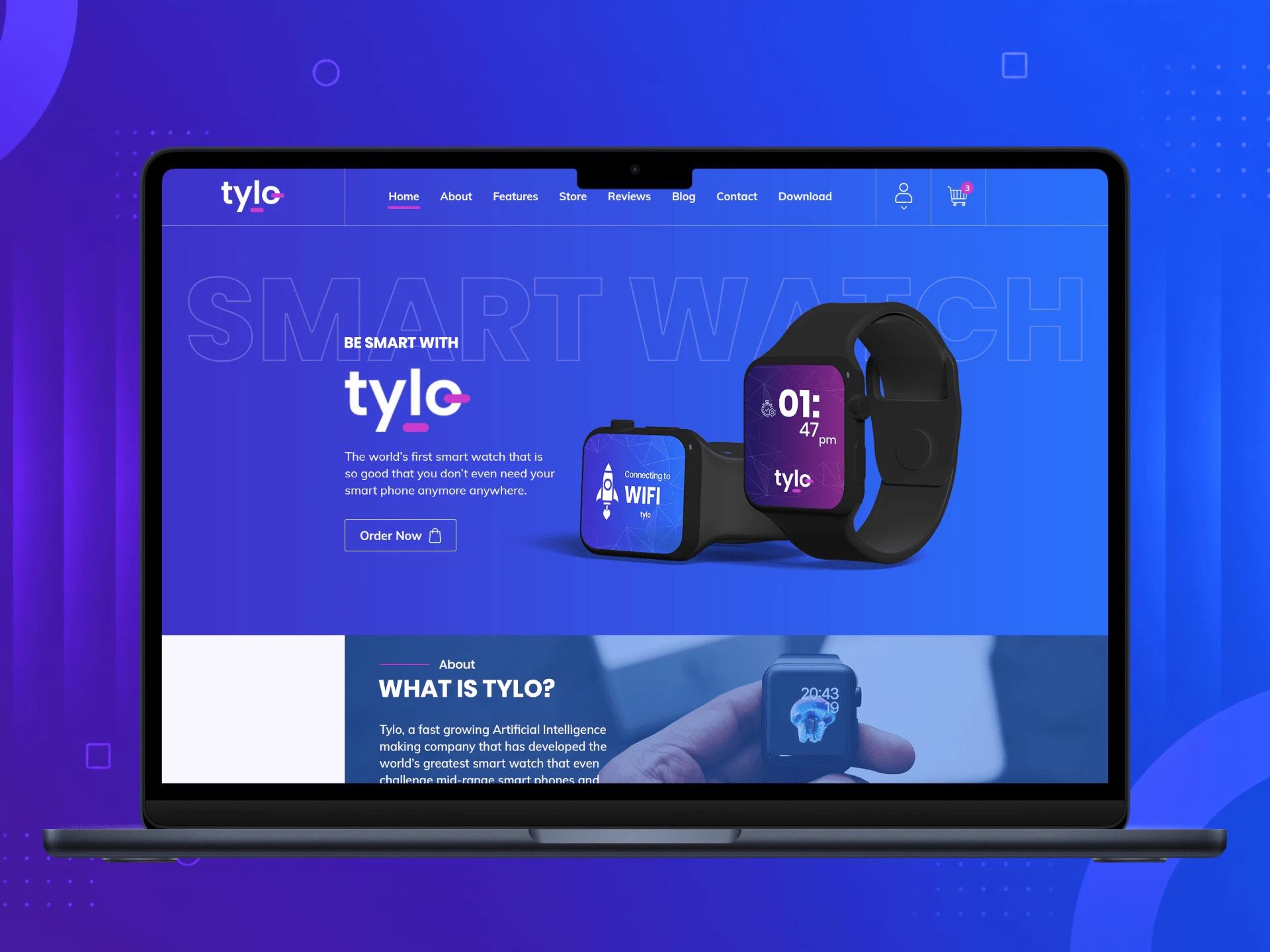 Tylo homepage in a laptop mockup on a blue backdrop, showing the smartwatch hero and the What Is Tylo about section