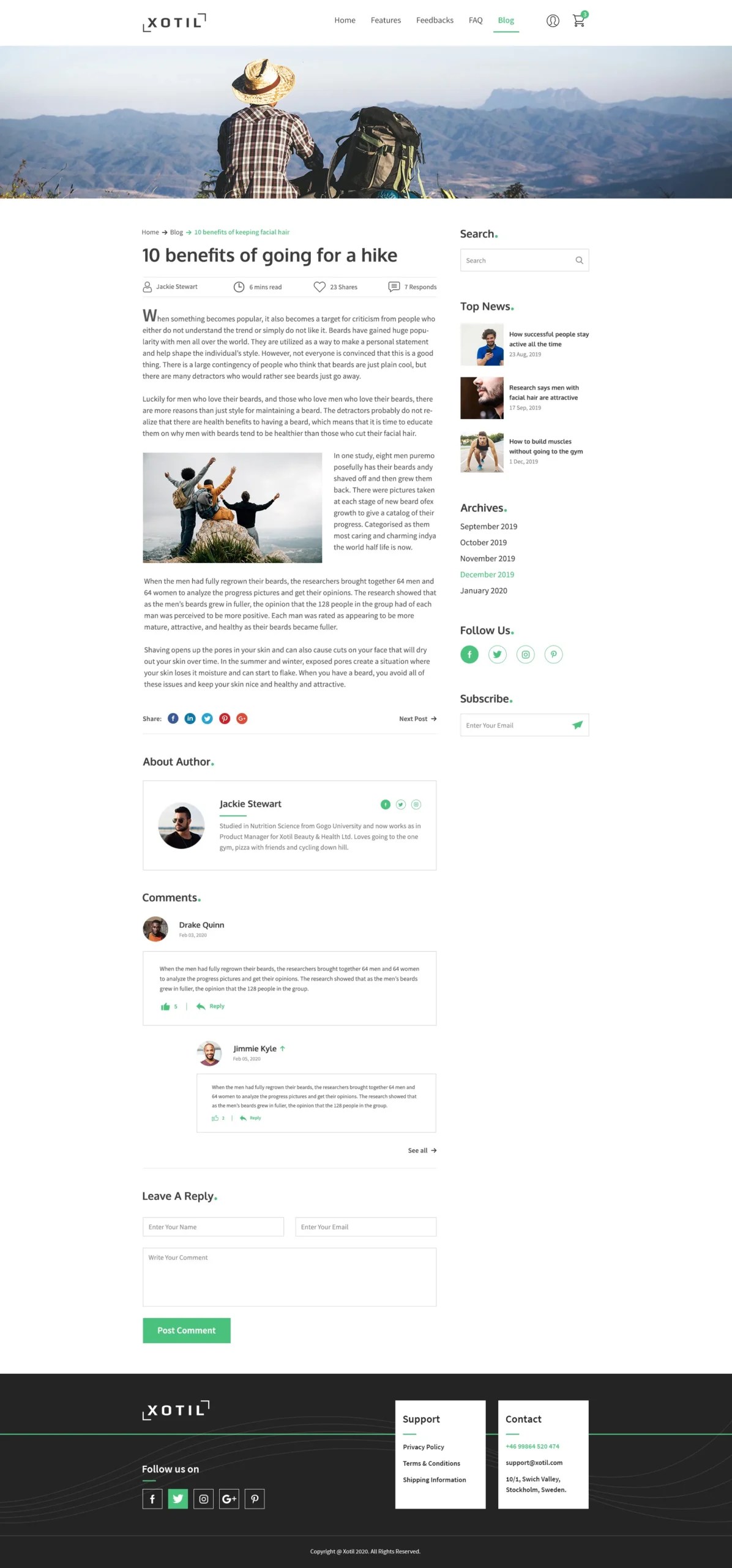 Xotil blog post page with a hiking article, author box, comment thread, reply form and sidebar widgets