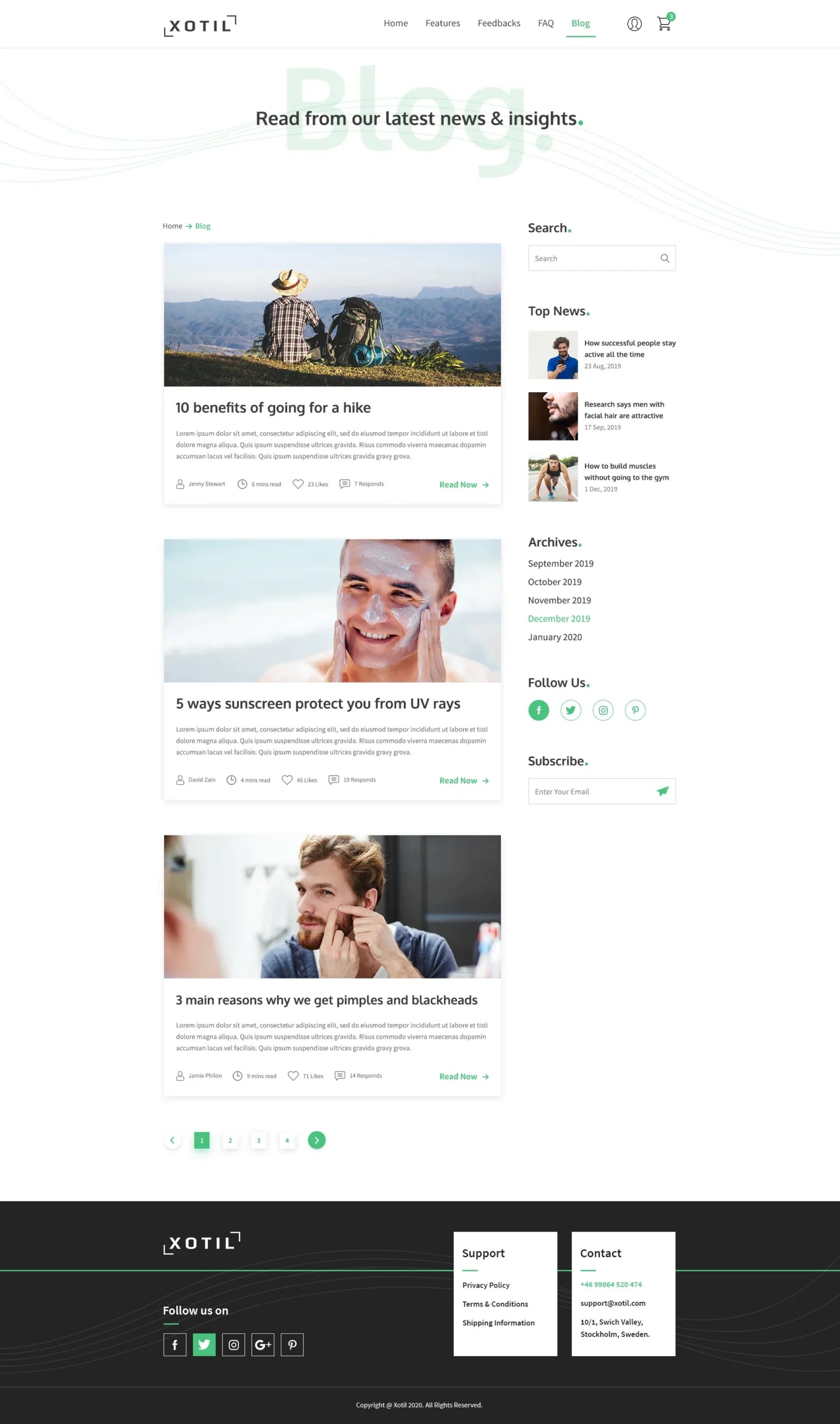 Xotil blog page layout with three article cards, pagination and a sidebar for search, top news, archives and subscribe