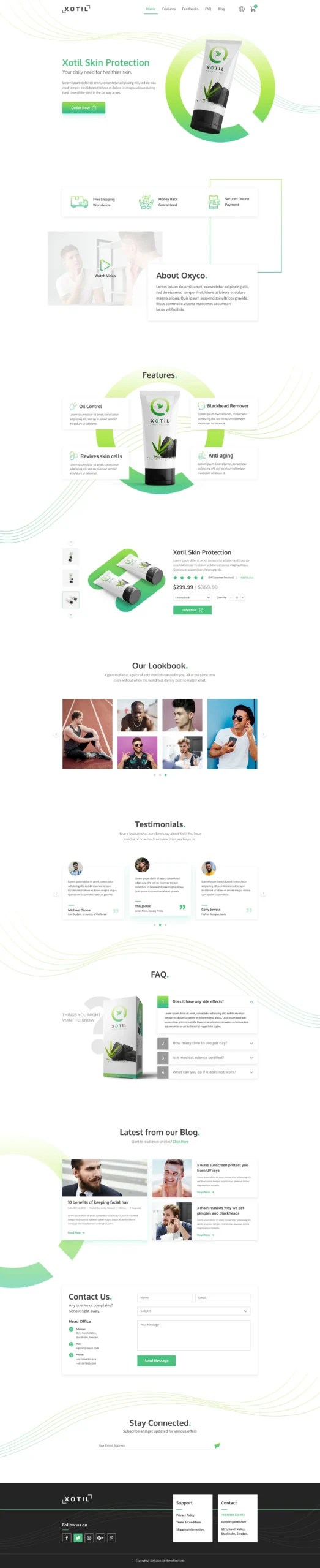 Full-length Xotil homepage design with hero, features, product, lookbook, testimonials, FAQ, blog, contact and footer
