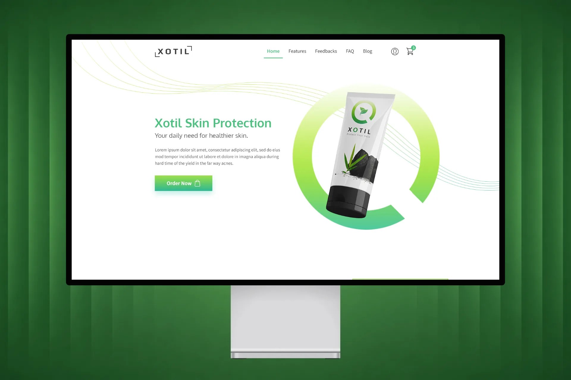 Xotil skincare landing page on a desktop monitor, with a Skin Protection hero, green Order Now button and product tube