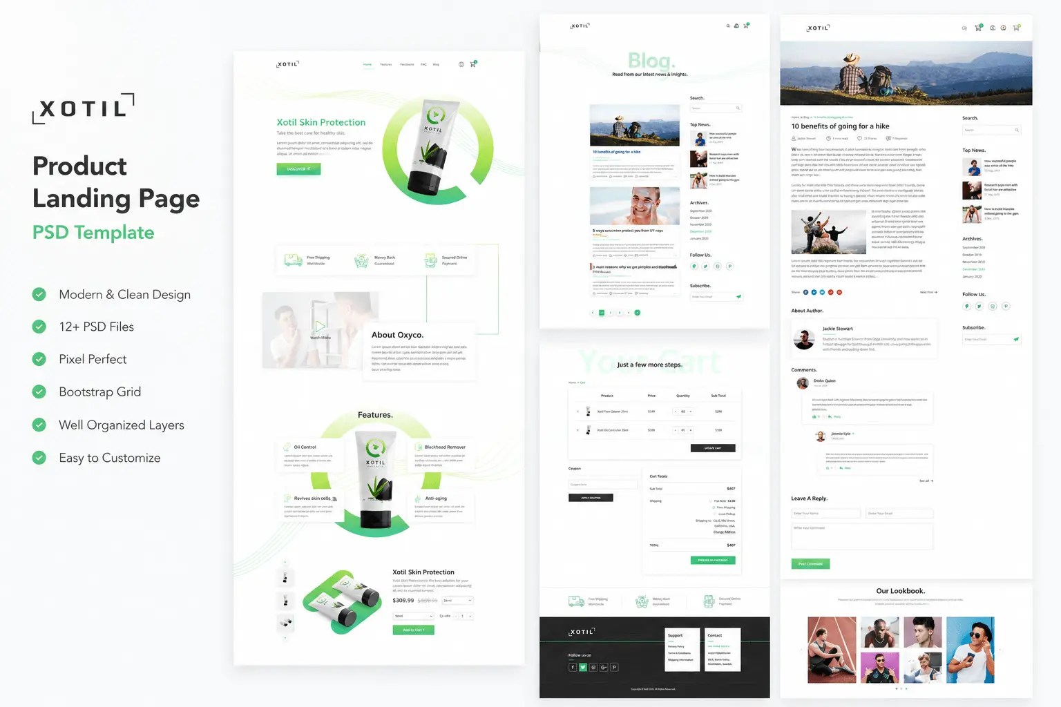 Xotil PSD template overview with homepage, blog, cart, blog post and lookbook layouts beside a list of template features