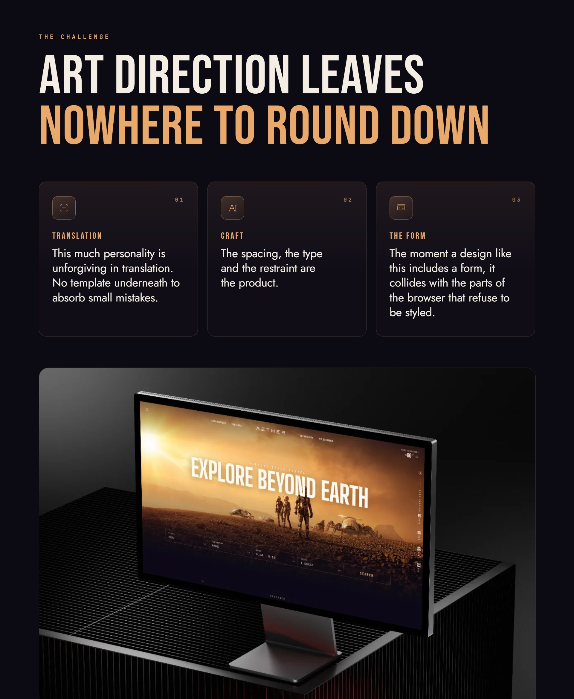 Aether challenge graphic on translation, craft and the form, above the landing page displayed on a desktop monitor