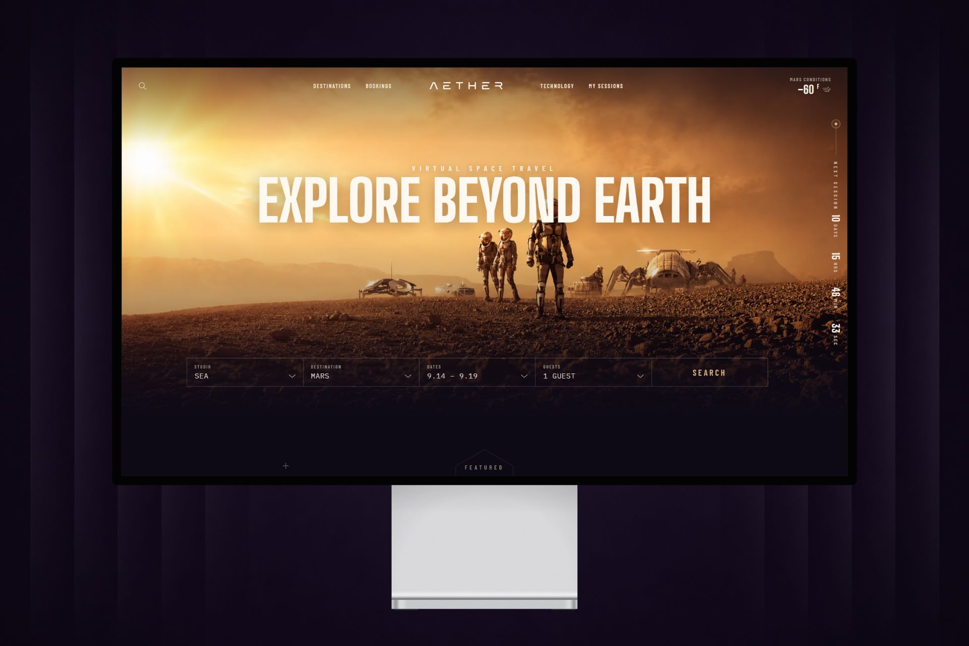 Aether virtual space travel landing page on a desktop monitor, with astronauts on Mars under “Explore Beyond Earth”