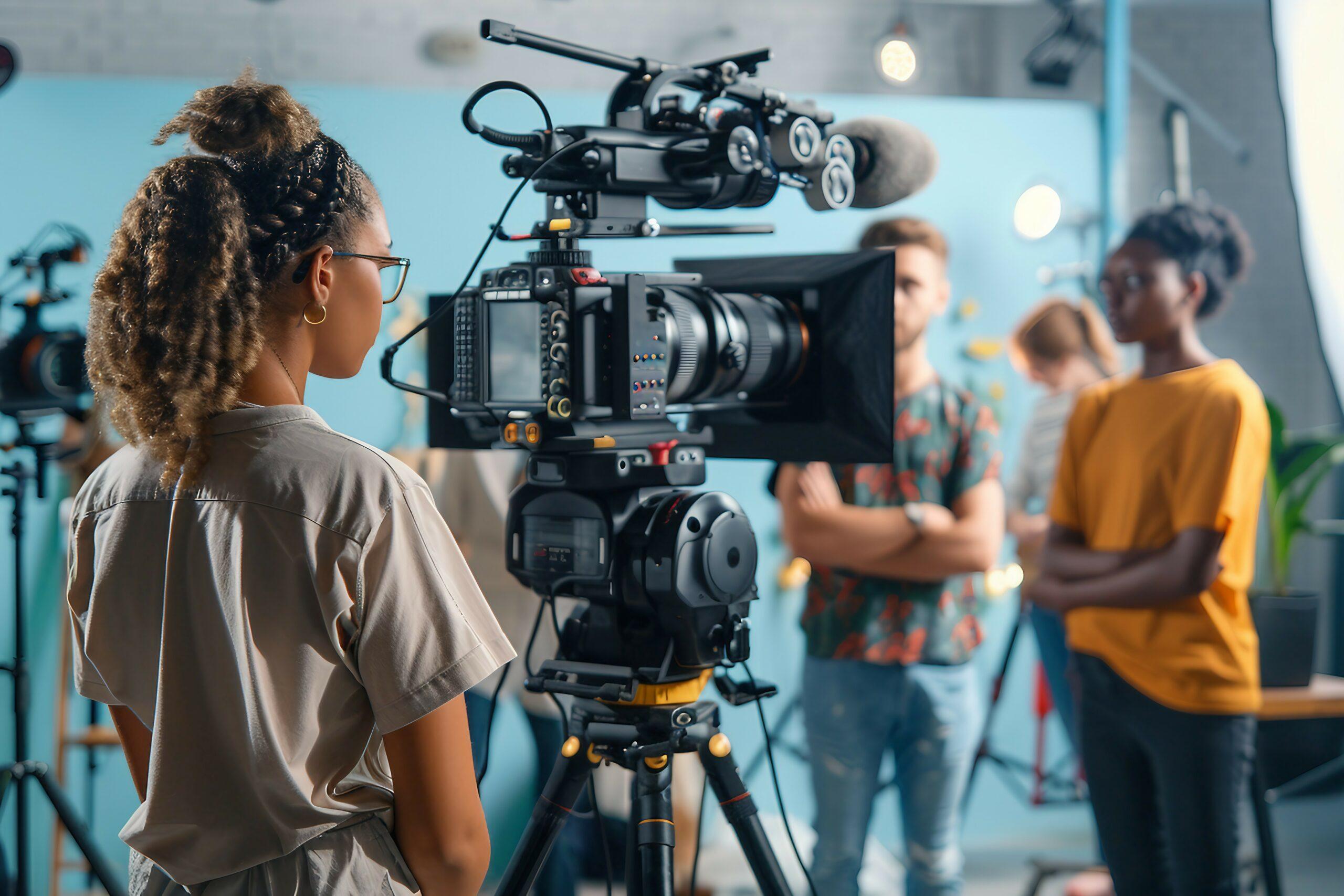 A behind-the-scenes look at a film set, showcasing a camera operator filming two actors.