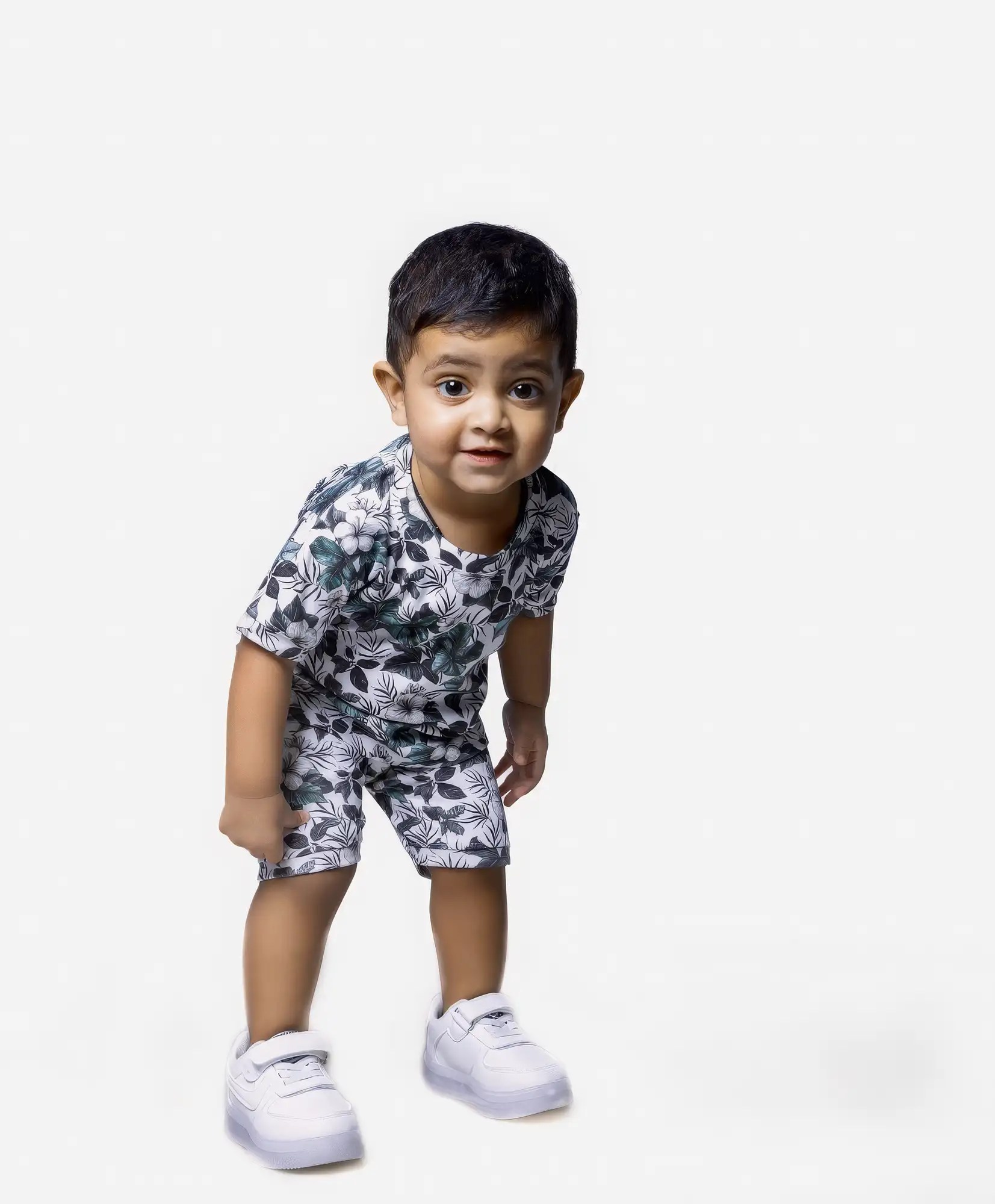 Tropical Vibes Green Leaves & White Flowers Print Baby Boy Half Sleeves T-Shirt & Shorts Set Model Image