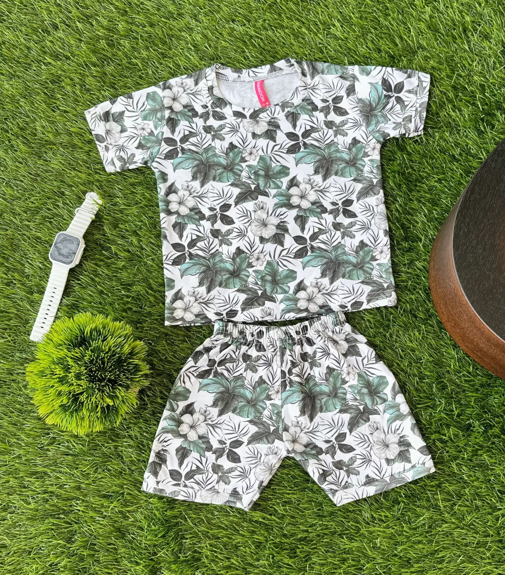 Tropical Vibes Green Leaves & White Flowers Print Baby Boy Half Sleeves T-Shirt & Shorts Set Front Image