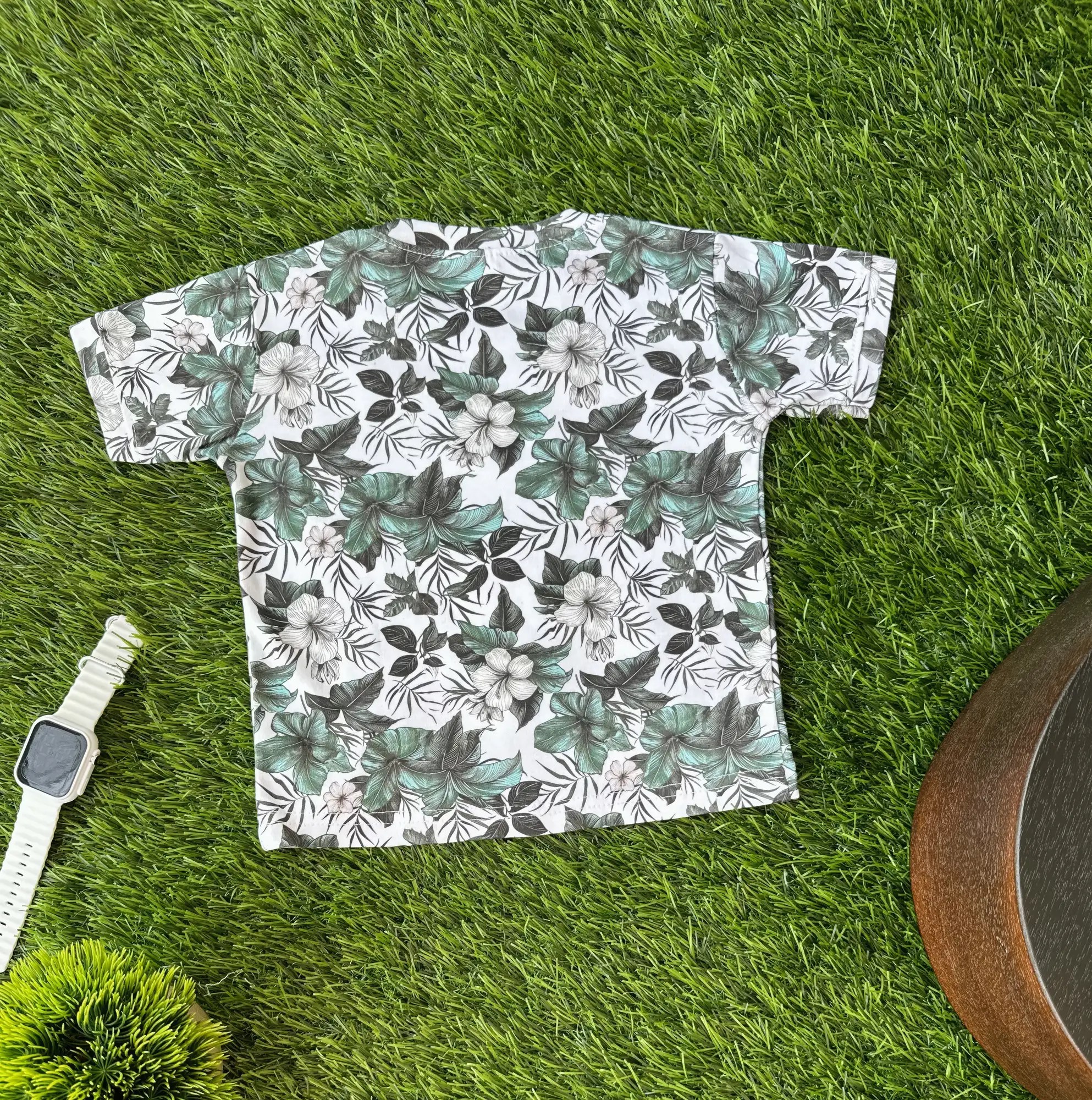 Tropical Vibes Green Leaves & White Flowers Print Baby Boy Half Sleeves T-Shirt & Shorts Set Shirt Image