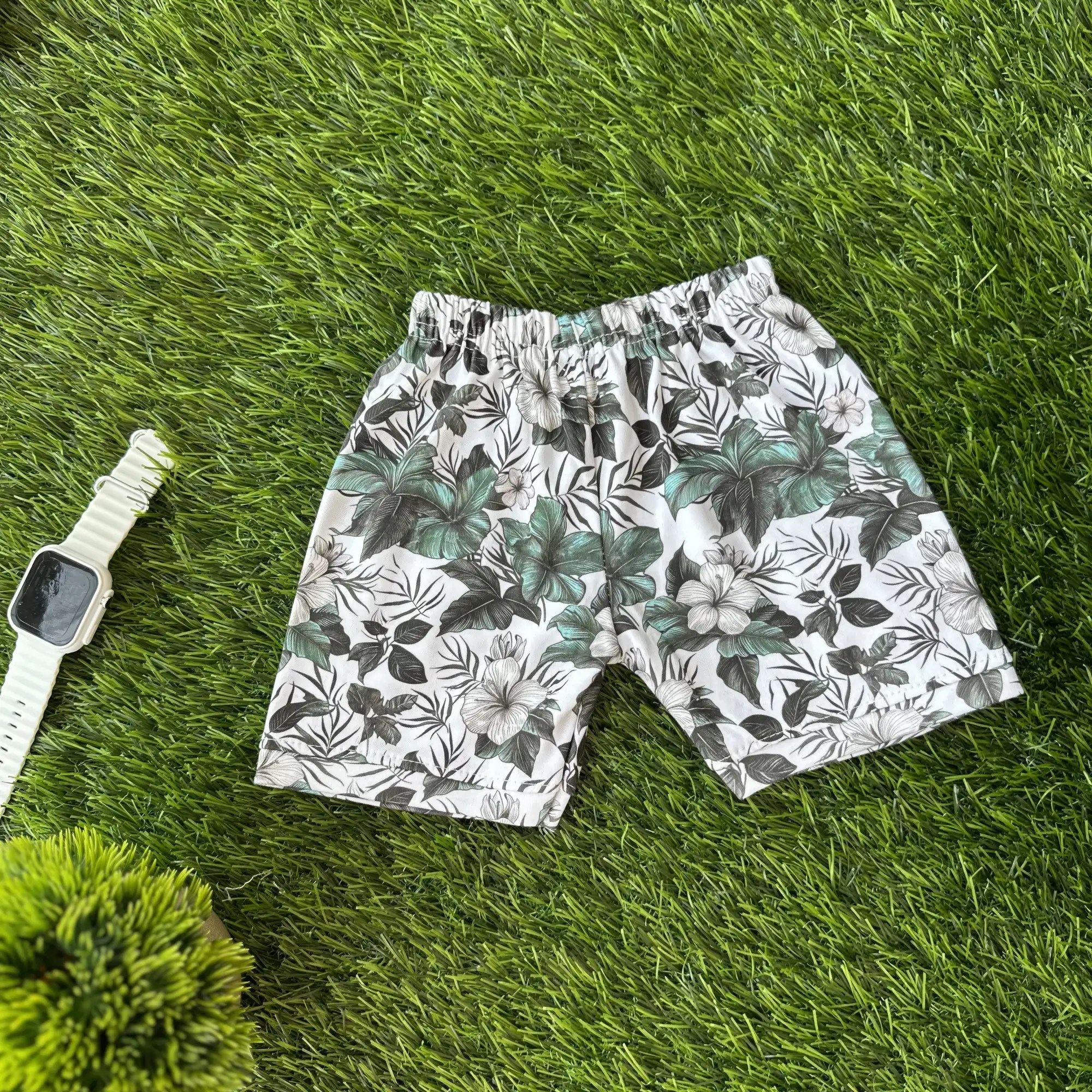 Tropical Vibes Green Leaves & White Flowers Print Baby Boy Half Sleeves T-Shirt & Shorts Set Pants Image
