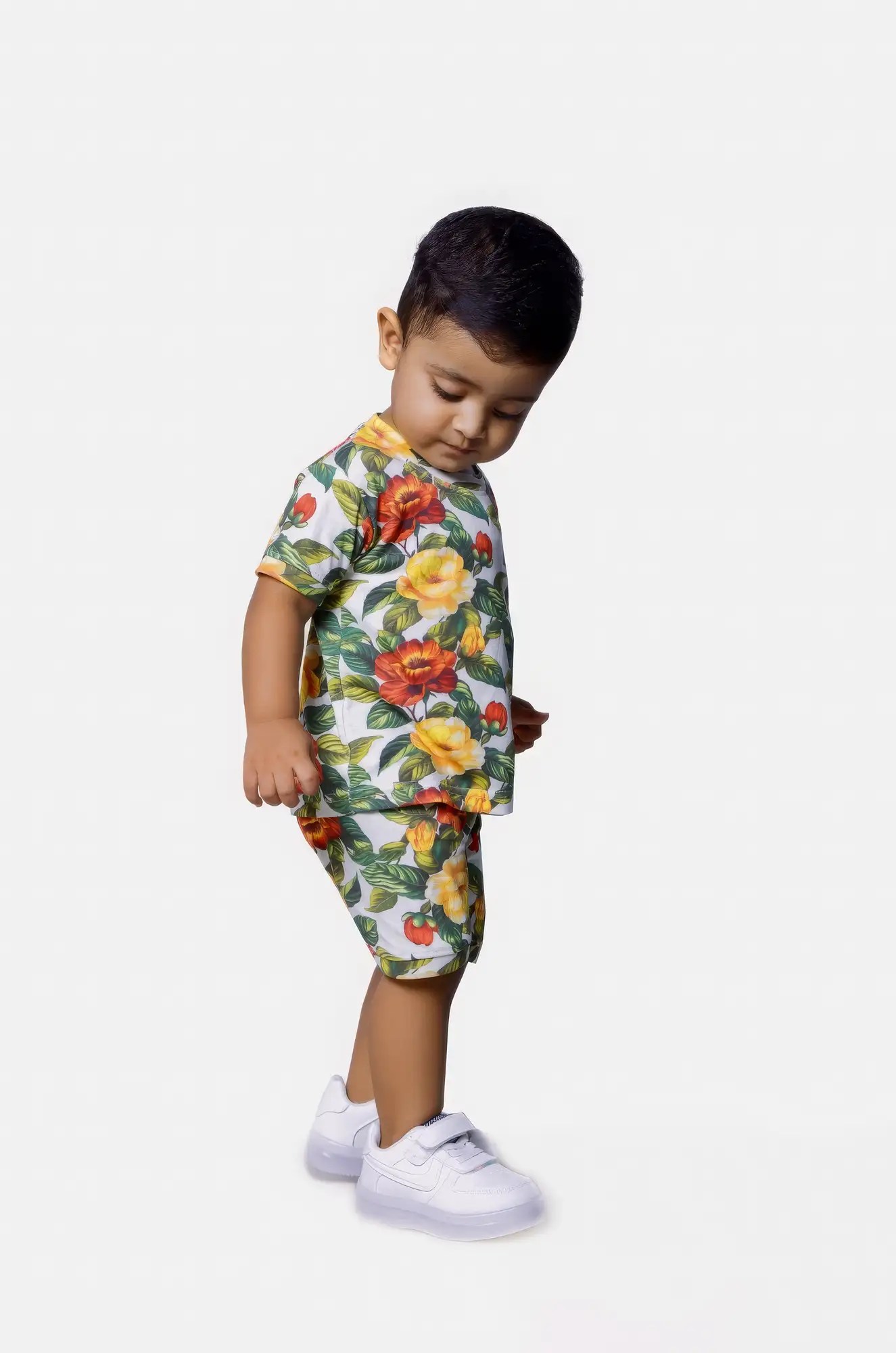 Baby Boy T-shirt & Shorts Set | Tropical Red & Yellow Flower Pattern | Vibrant Blossoms & Lush Leaves Model Image 02