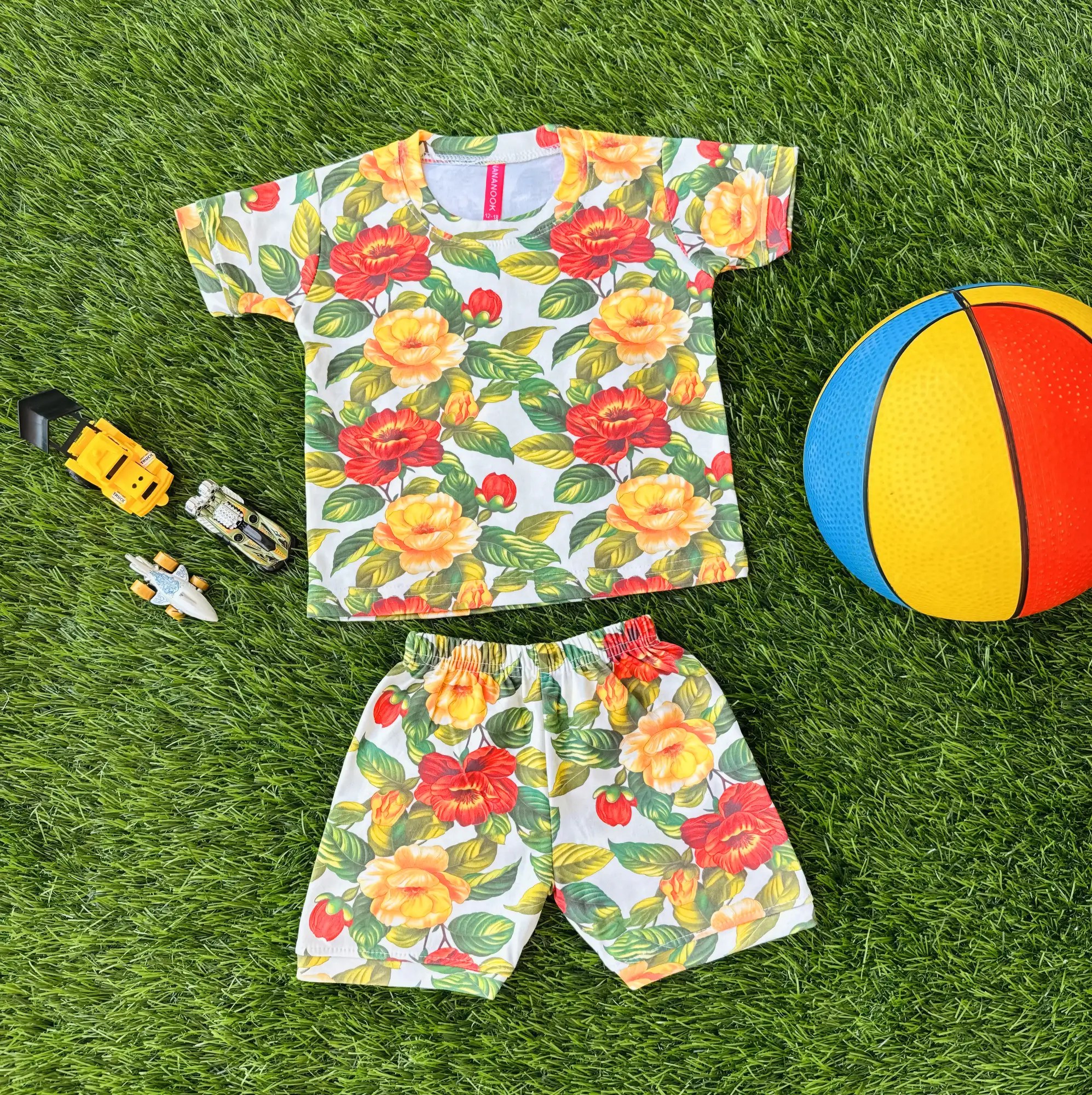 Baby Boy T-shirt & Shorts Set | Tropical Red & Yellow Flower Pattern | Vibrant Blossoms & Lush Leaves Print Main Image